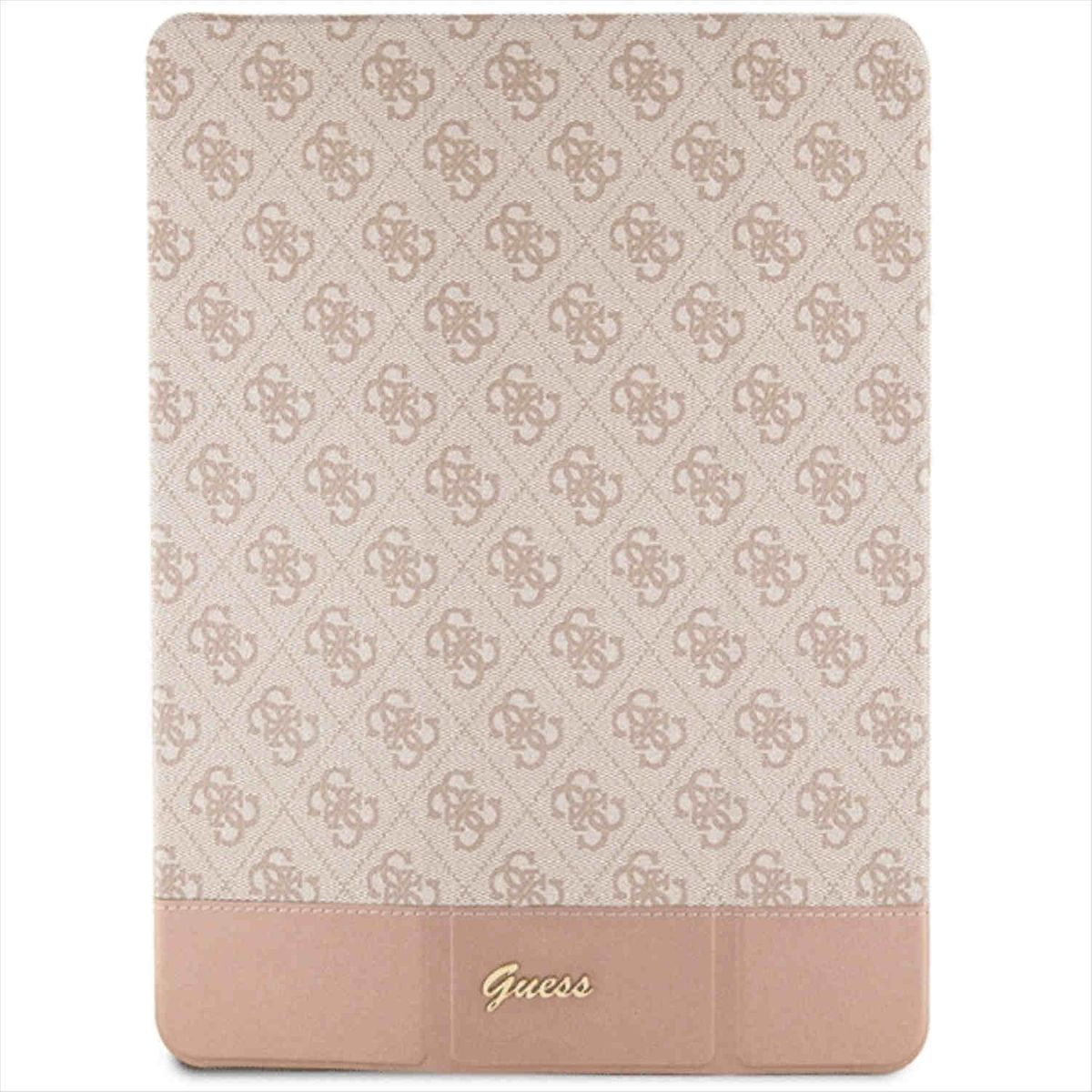 Custodia per tablet fantasia beige e marrone chiaro. Ha un pannello inferiore marrone con 'Guess'.