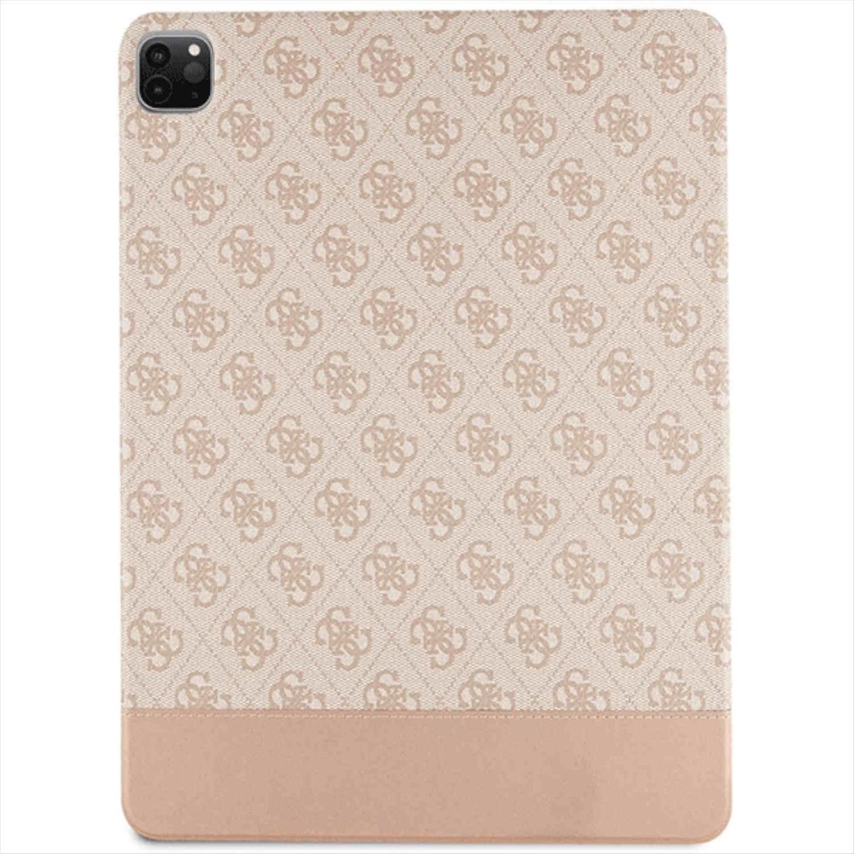 Custodia per tablet con design beige e fantasia. Fotocamera in alto a sinistra.