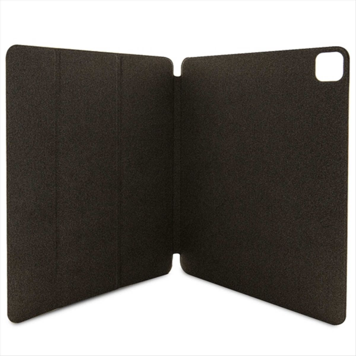 Custodia per tablet aperta, interno marrone scuro strutturato, sfondo bianco.