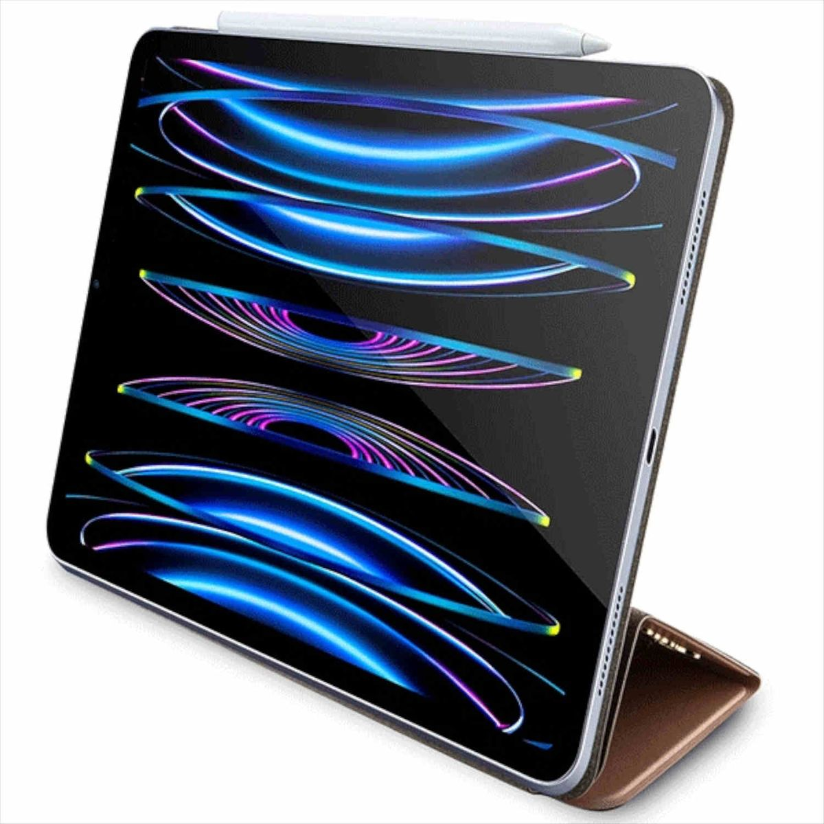 Tablet nero con stilo bianco, custodia marrone.