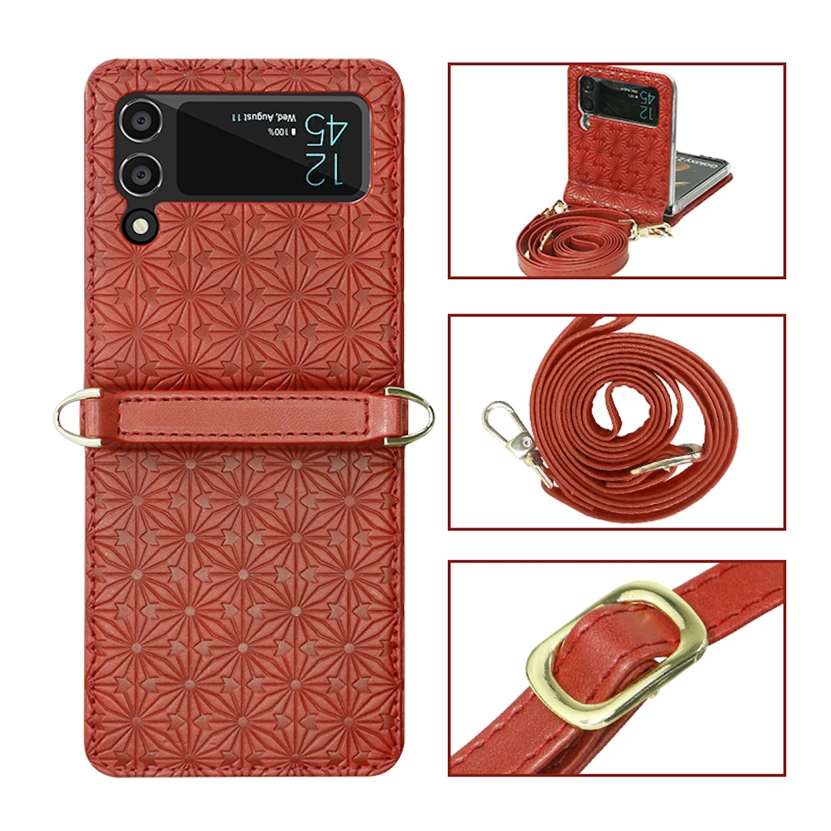 Rote Handyhülle mit Blumenmuster und Riemen. Das Telefon ist leicht geöffnet. Details sind sichtbar.