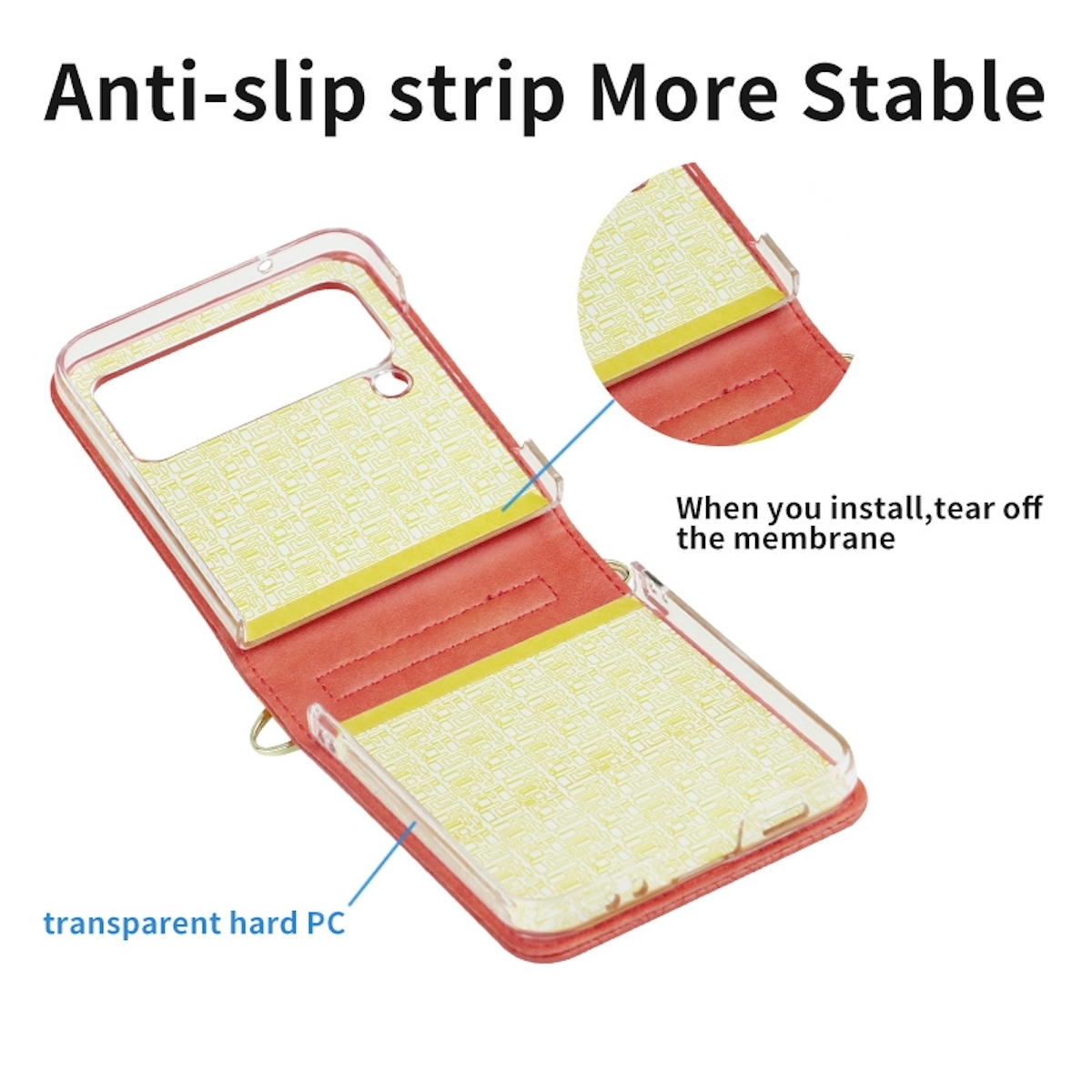 Geöffnete Handyhülle mit transparentem PC und roter Auskleidung, Text: 'Anti-slip strip'.