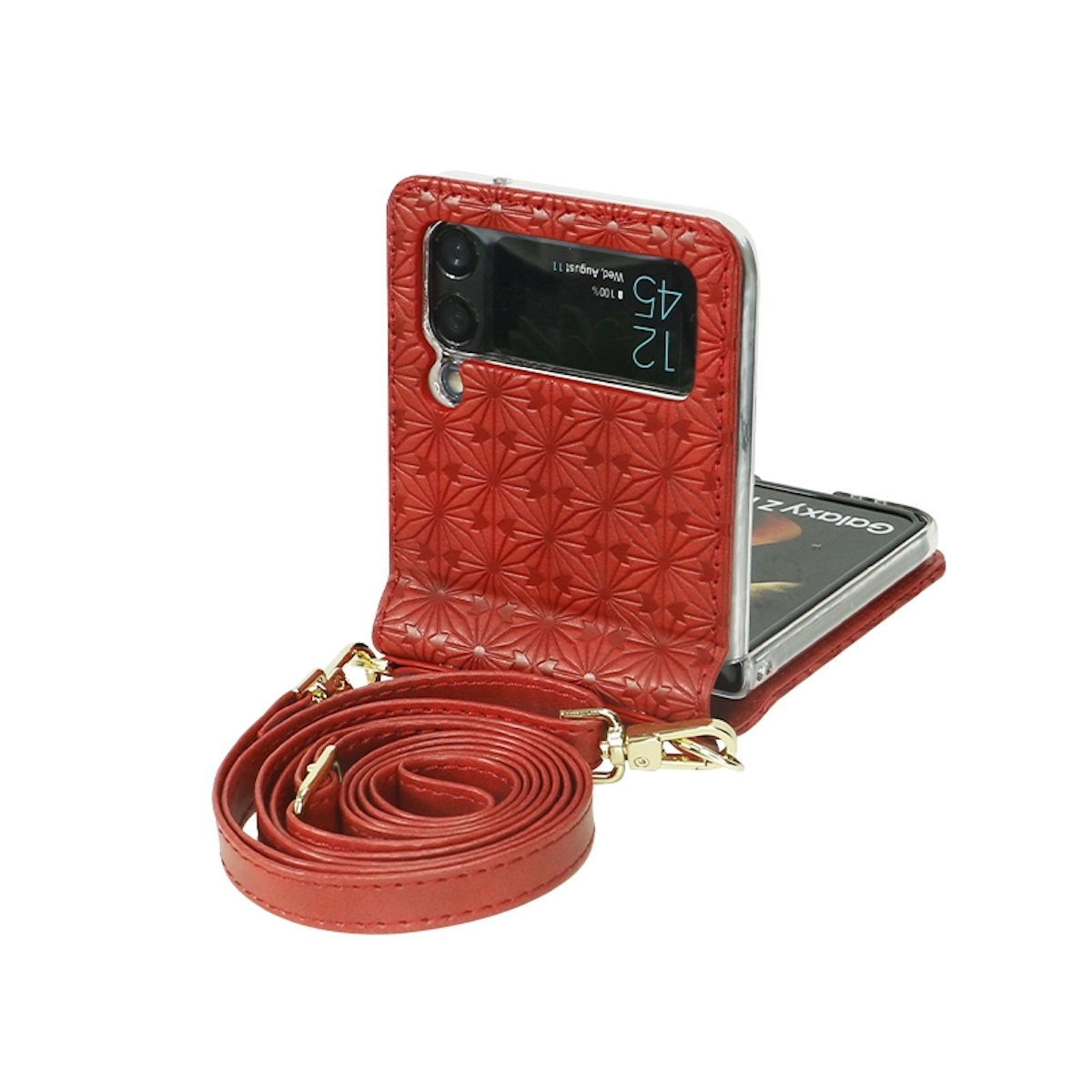 Rote gemusterte Handyhülle mit Riemen, teilweise geöffnet, zeigt den Telefonbildschirm.