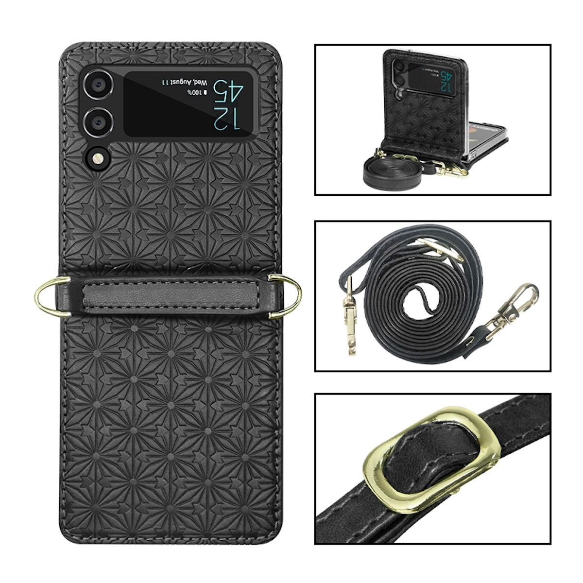 WIGENTO Geprägte Design Tasche mit Schwarz Gurt, Flip4 Galaxy Samsung Full 5G, Cover, Z ´