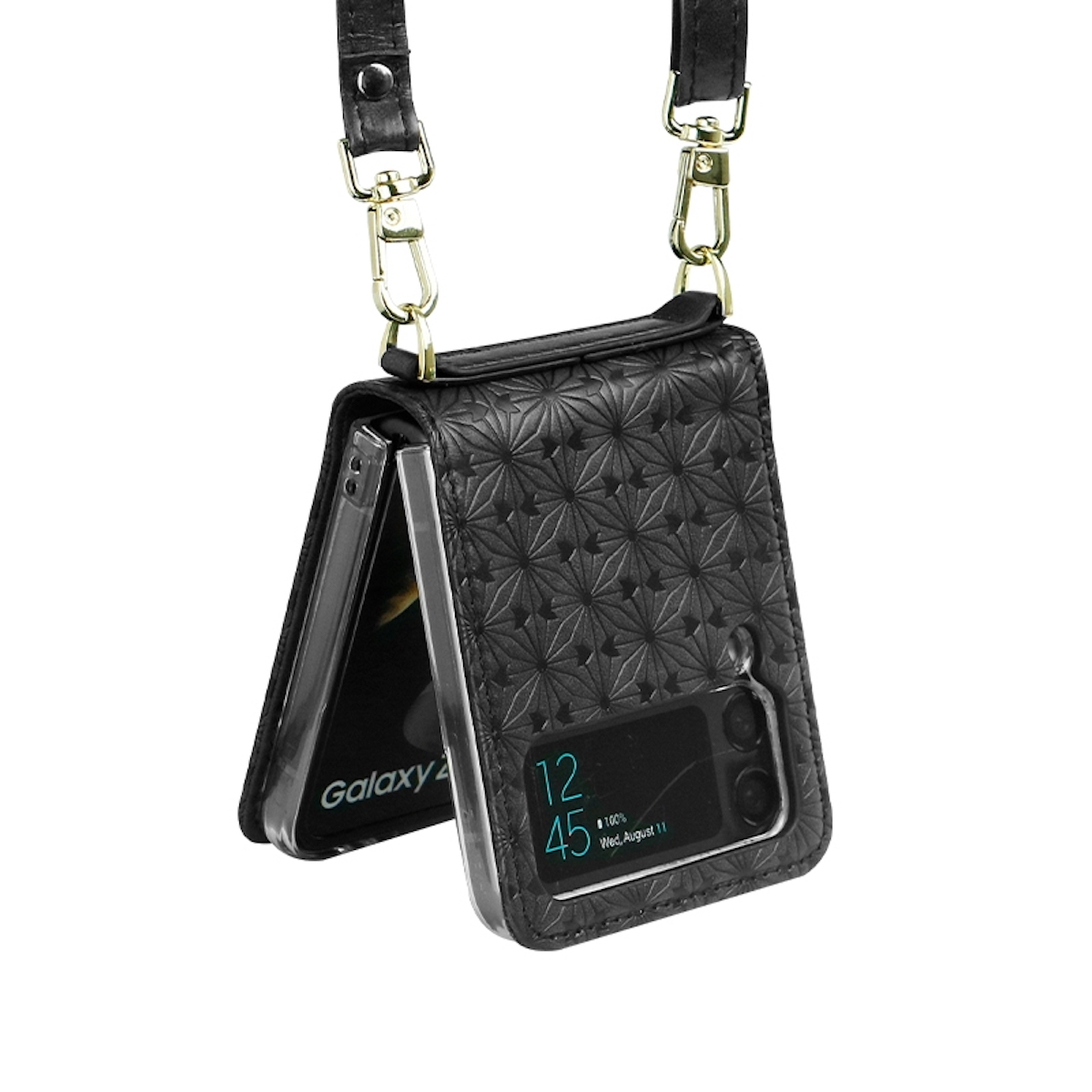 Schwarze Handyhülle mit Riemen. Das Telefon befindet sich in teilgeöffneter Position.
