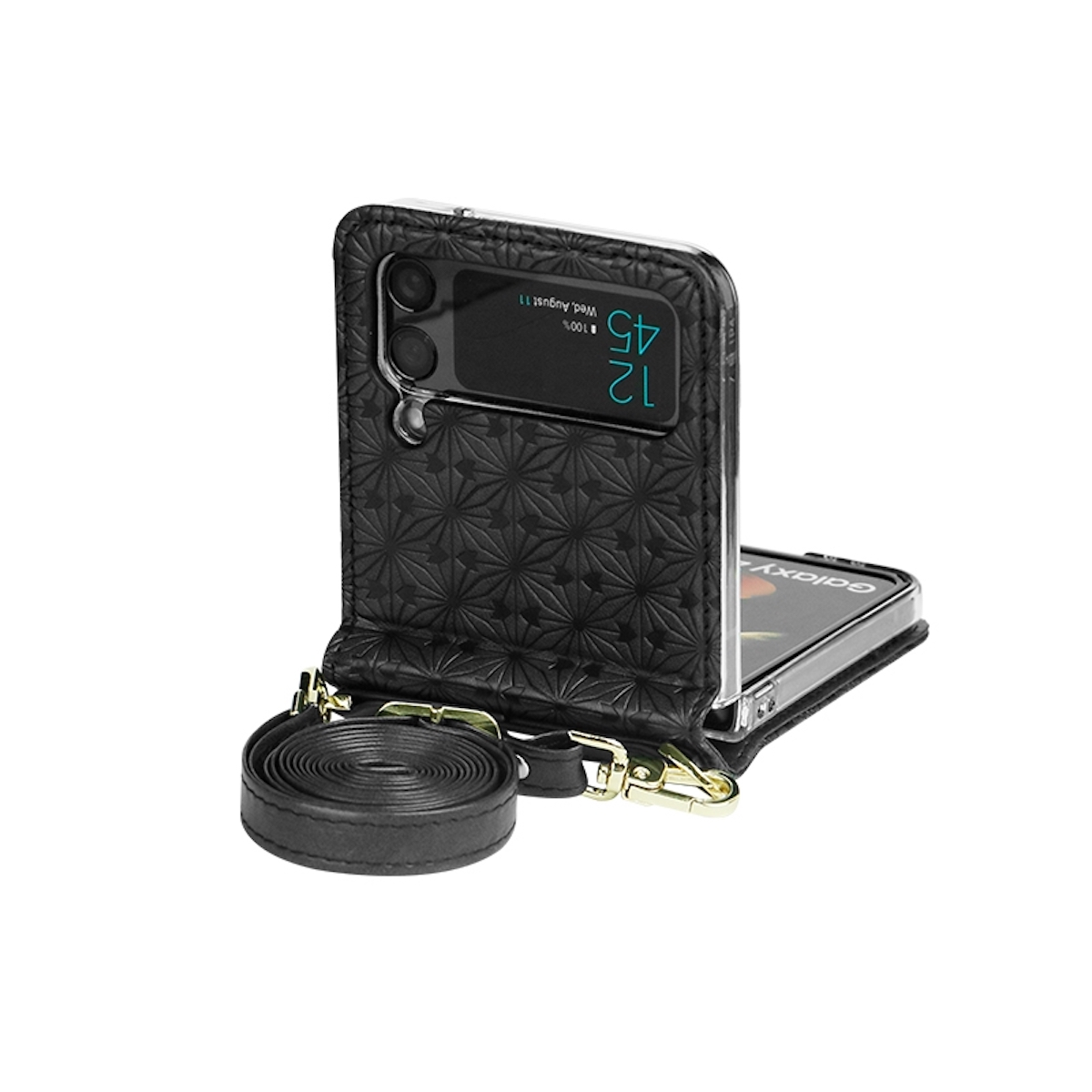 Schwarze Leder-Handyhülle mit Riemen, hält Telefon mit Bildschirm.