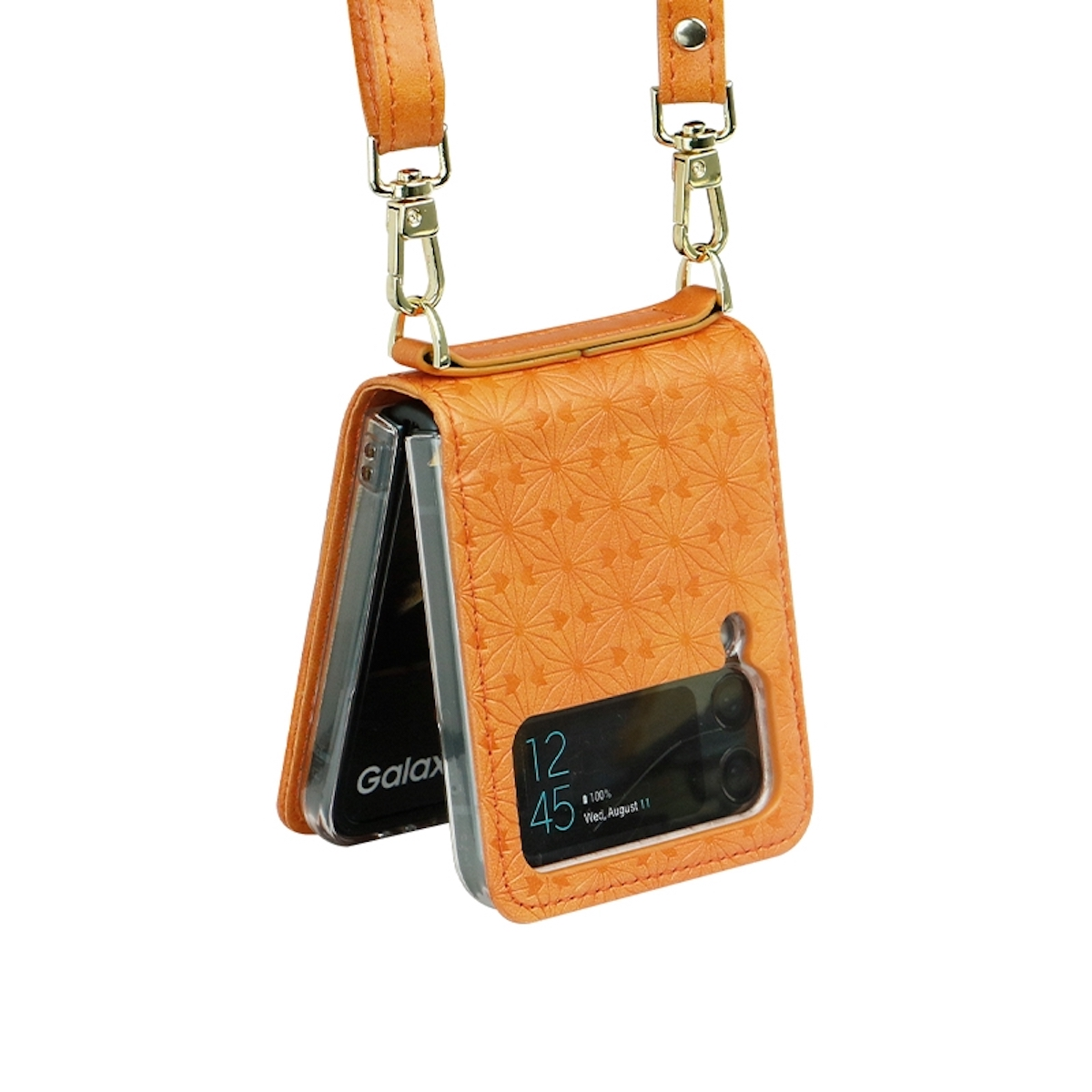 Eine orangefarbene Leder-Handyhülle mit Riemen, teilweise geöffnet, mit einem Telefon darin.