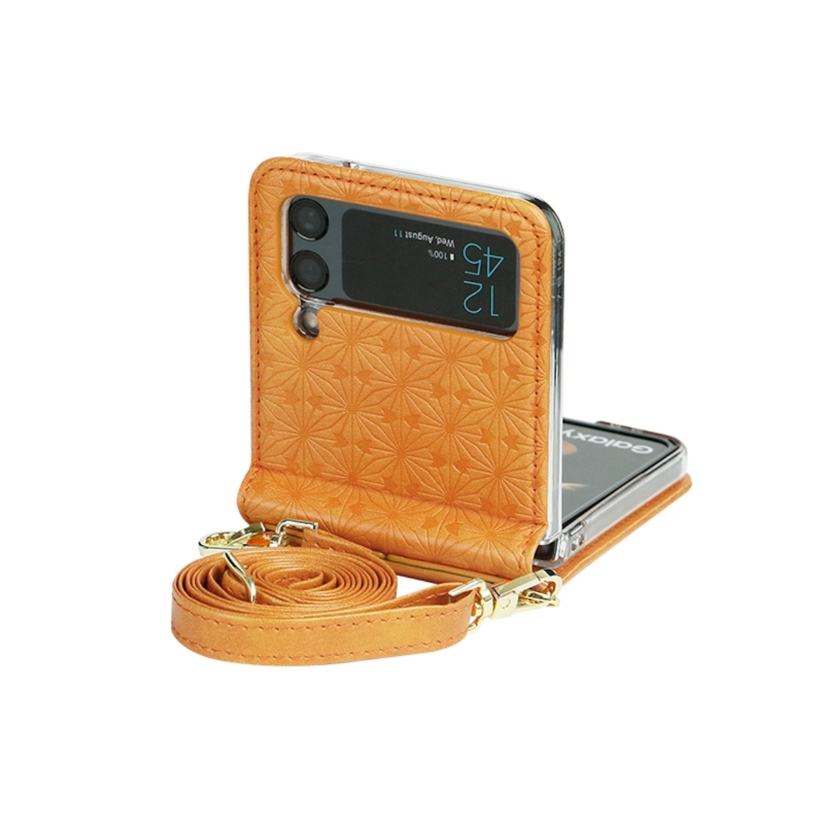 Orangefarbene Handyhülle, offen. Telefon innen, mit goldener Kette und Riemen.