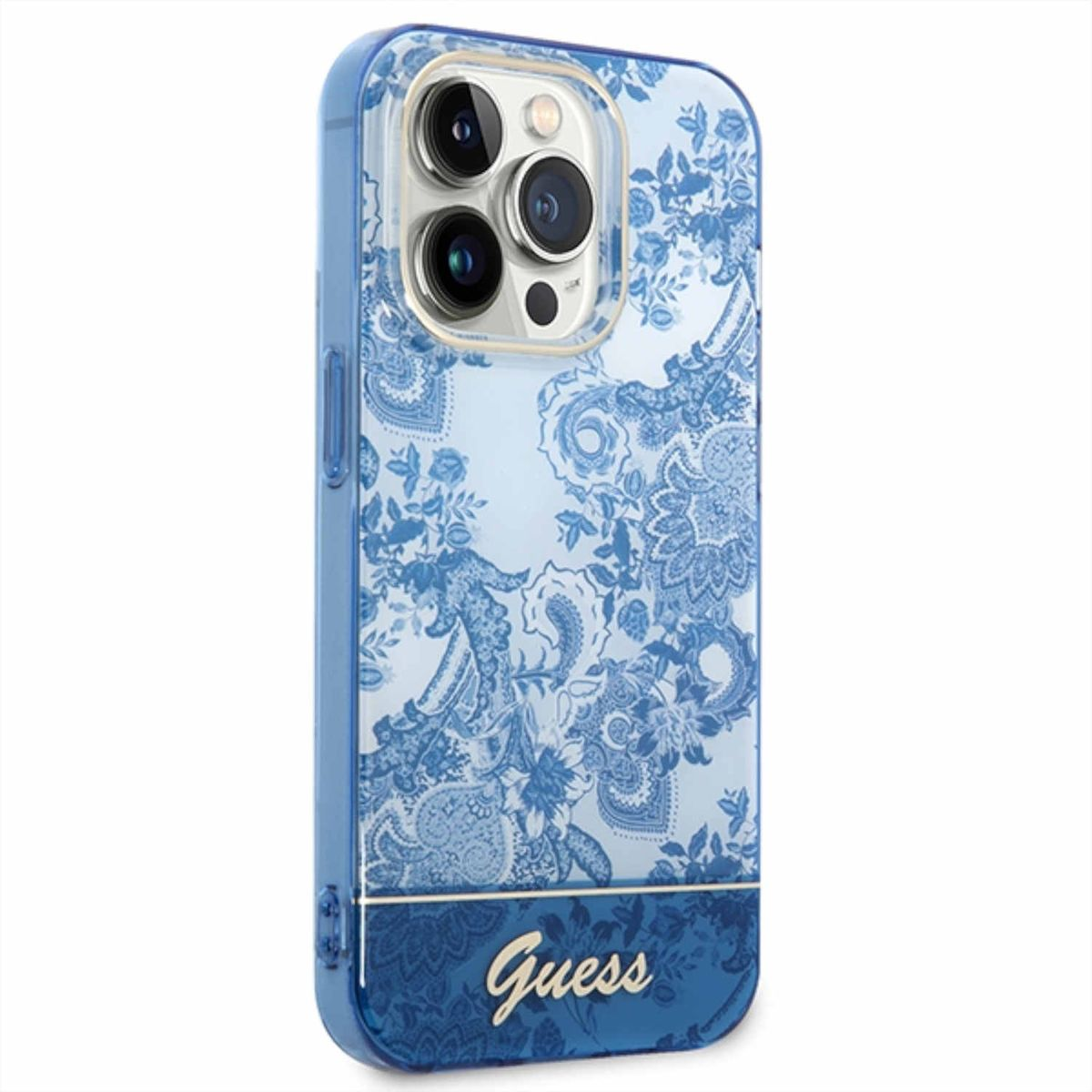 Una custodia per telefono blu con un motivo floreale e il marchio "Guess" nella parte inferiore.