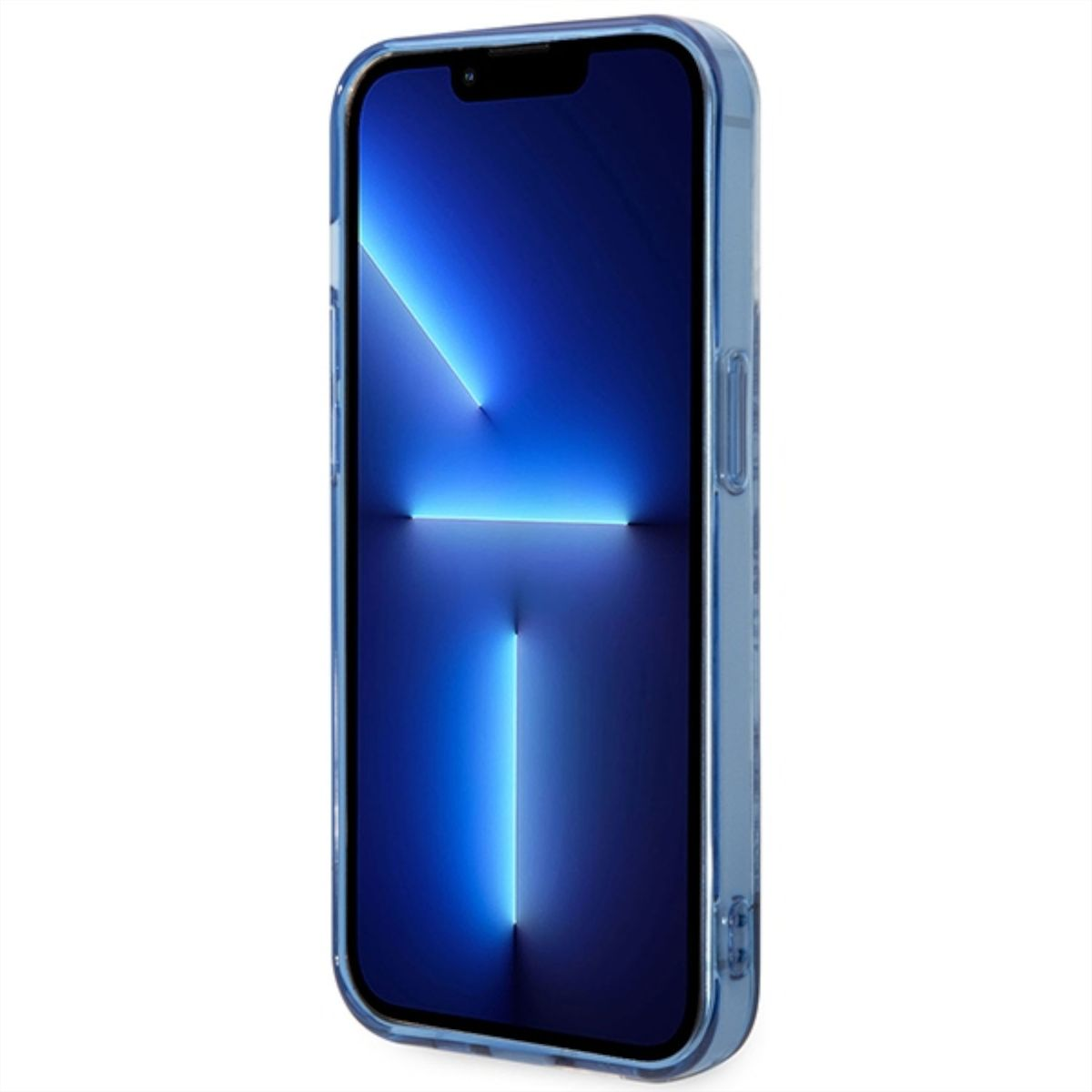 Una custodia per telefono blu con una protezione per lo schermo blu su uno sfondo bianco.