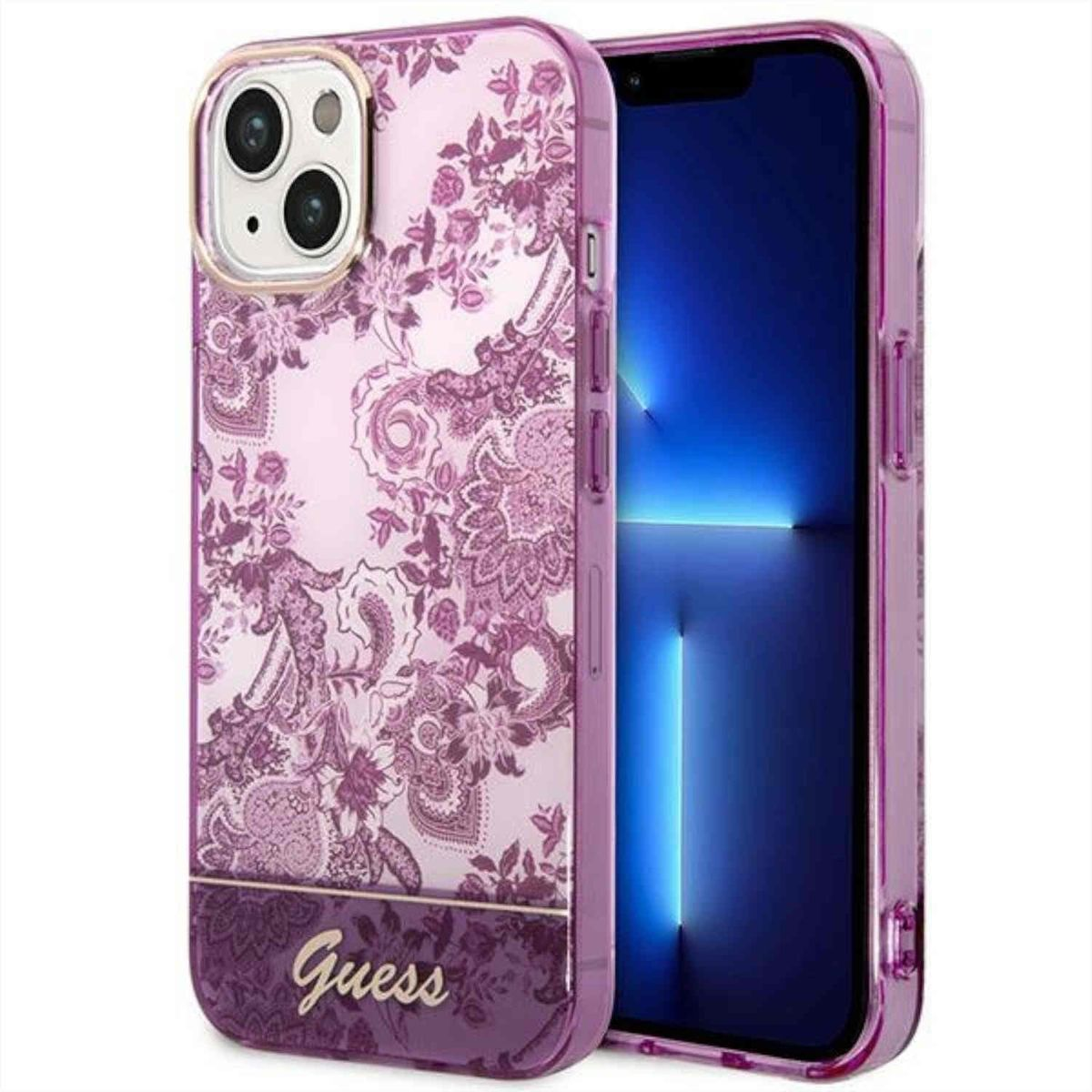 GUESS Design Muster TPU Apple, Backcover, 14, Lila PU iPhone Hülle, Leder / / PC