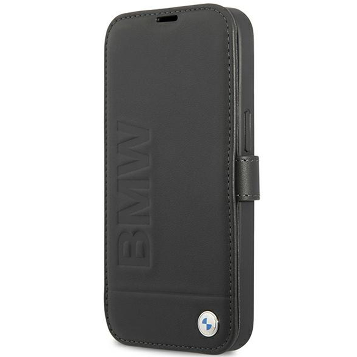 Schwarze Leder-Handyhülle mit BMW-Logo.