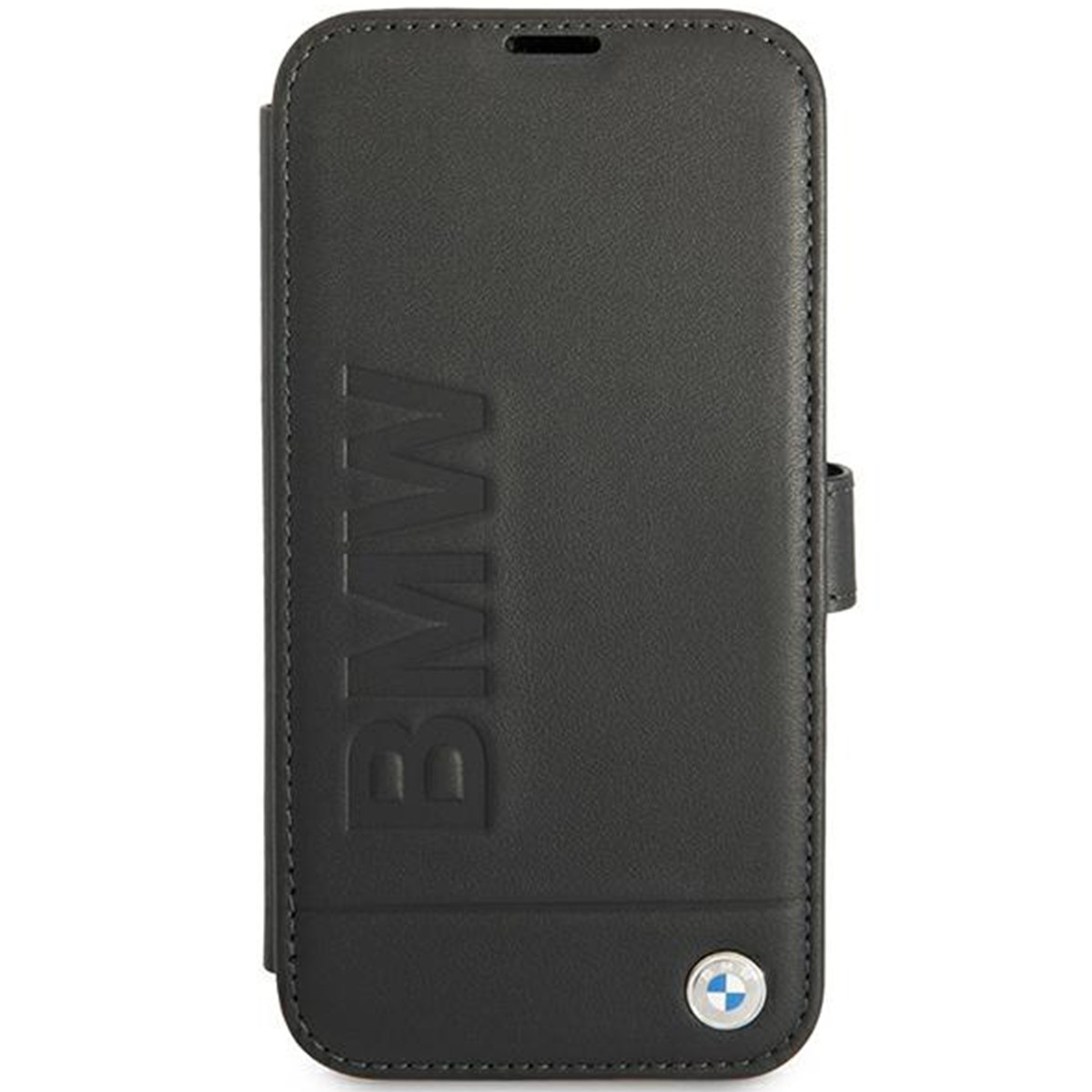 Schwarze Leder-Handyhülle mit BMW-Logo.