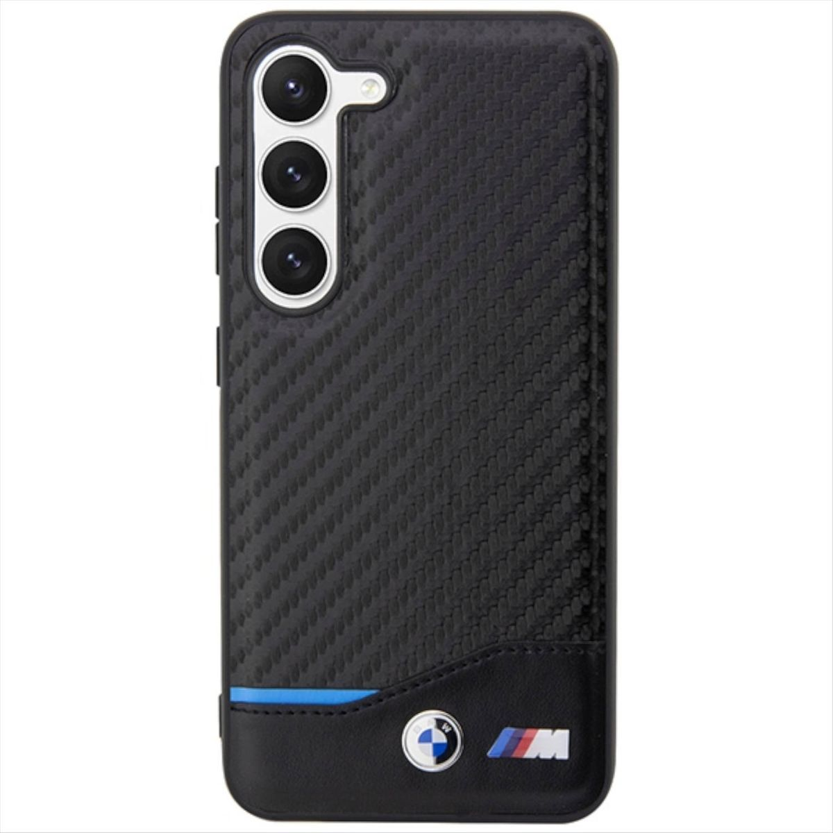 Eine schwarze Handyhülle mit Carbonfaser-Textur, BMW-Logo und Dreifachkamera.