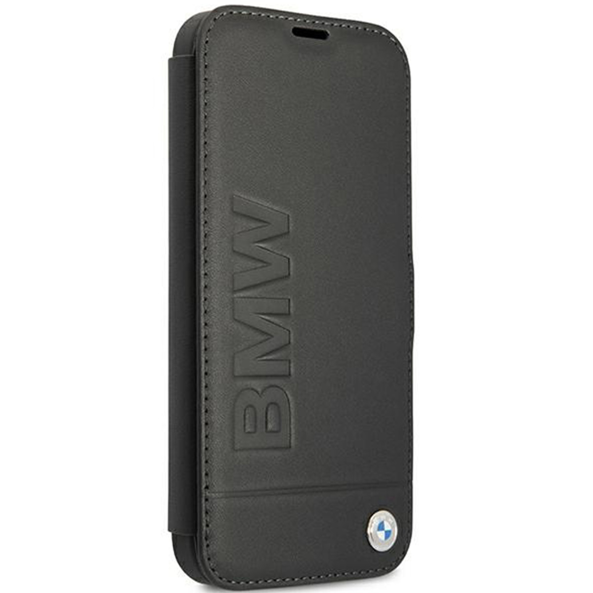 Eine schwarze Handyhülle mit dem geprägten Wort "BMW" und einem BMW-Logo.