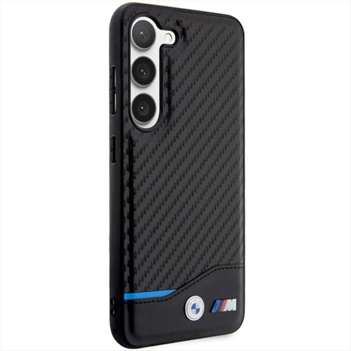 Schwarze Handyhülle mit Carbonfaserstruktur und BMW-Logo.