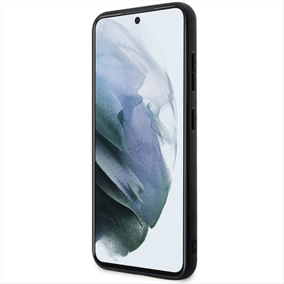 Schwarzes Telefon in schwarzem Gehäuse. Der Bildschirm zeigt ein abstraktes Design.