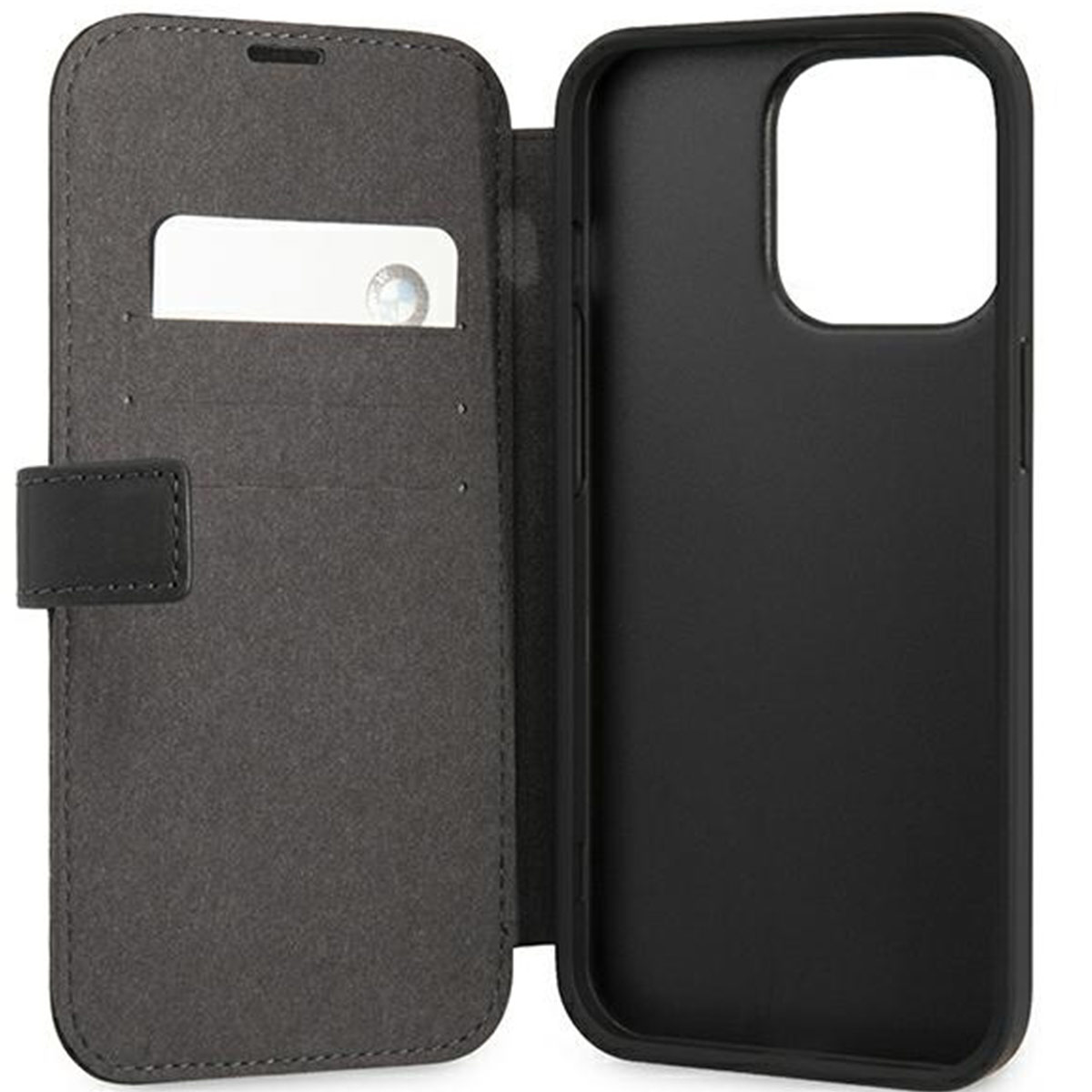 Geöffnete schwarze Handyhülle, mit Kartenfach und Telefon-Innenseite.