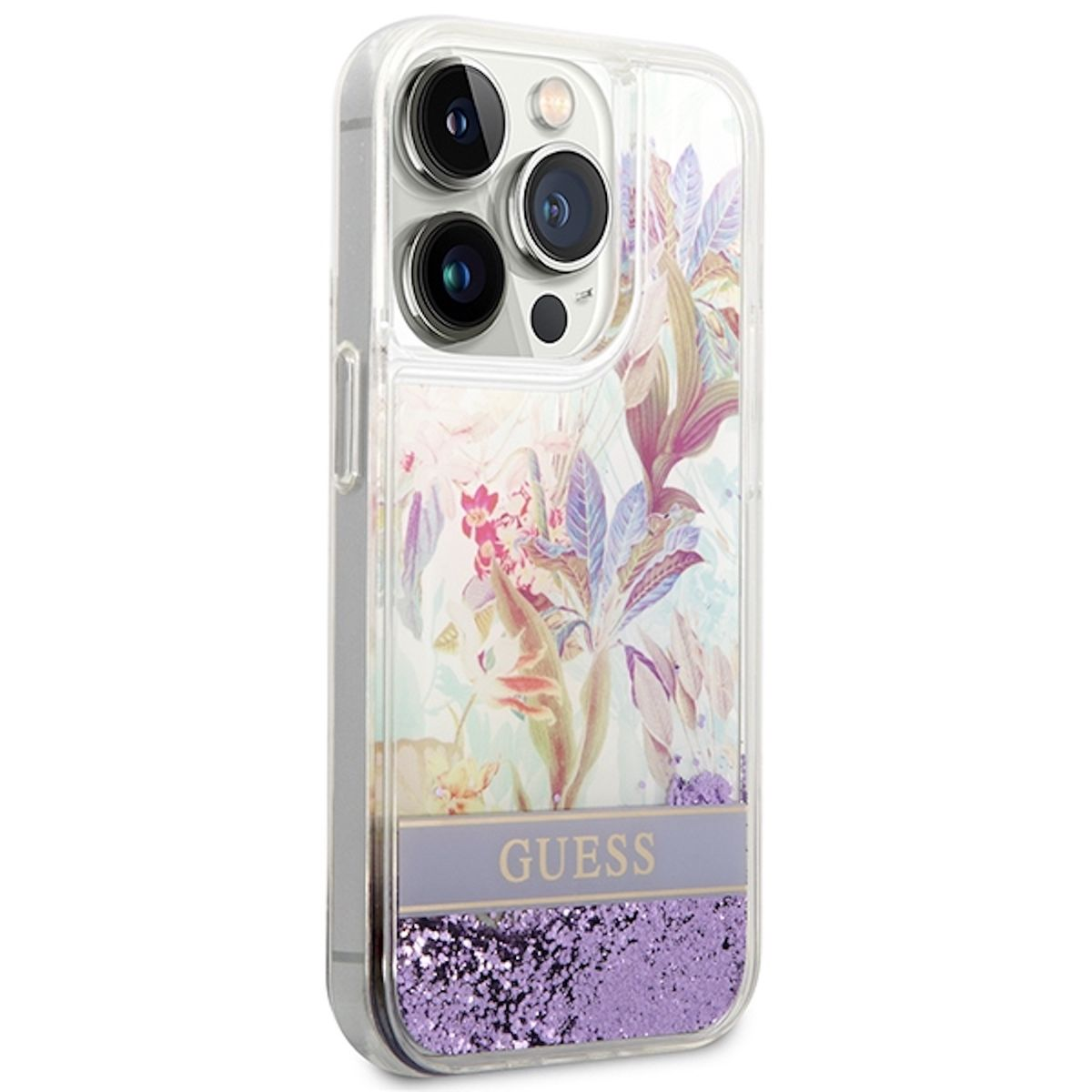 GUESS Paisley Liquid Glitter Hülle, iPhone Design Lila Backcover, Apple, Pro, 14