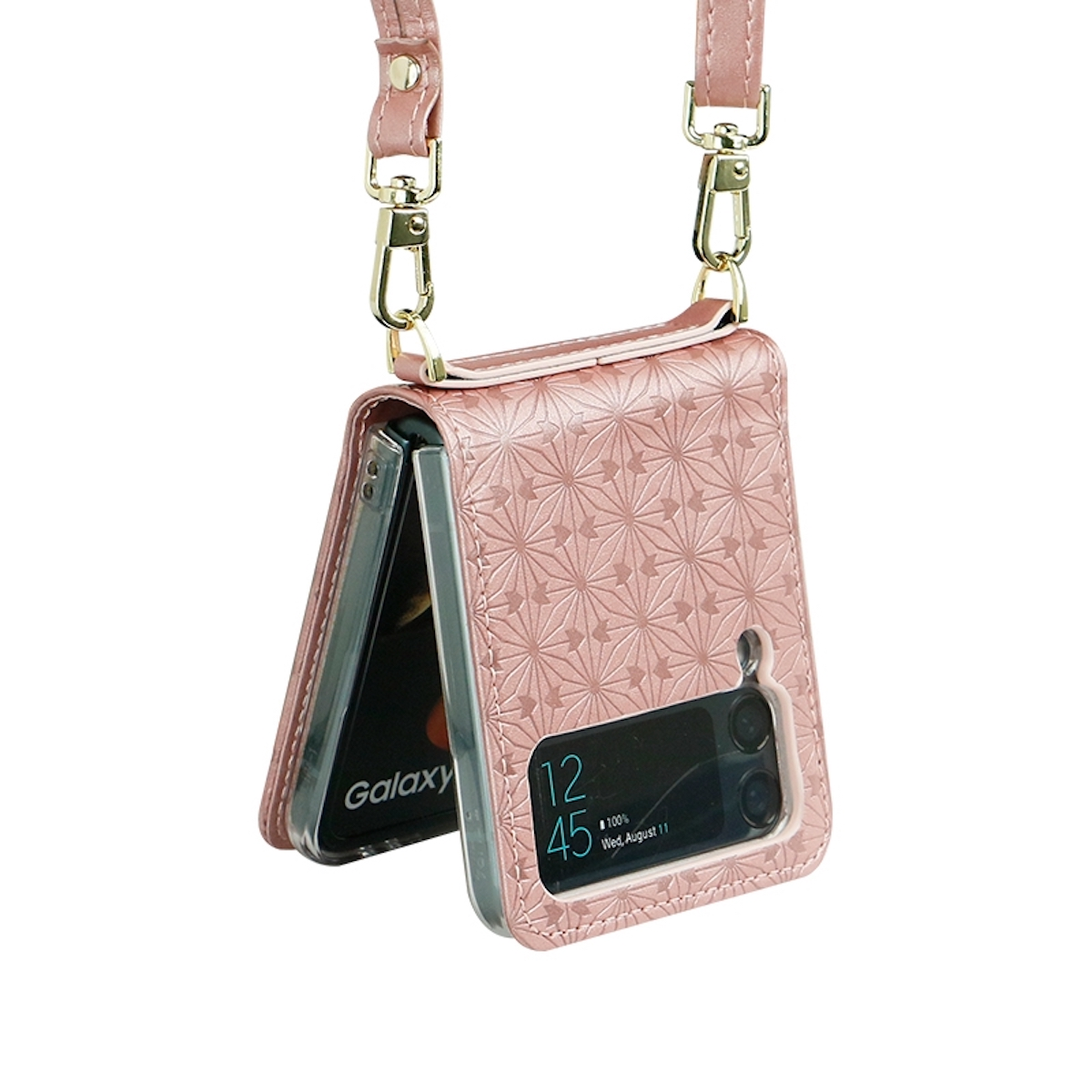 Eine rosa Handyhülle mit Trageriemen, die ein gefaltetes Telefon hält und eine Uhr zeigt.