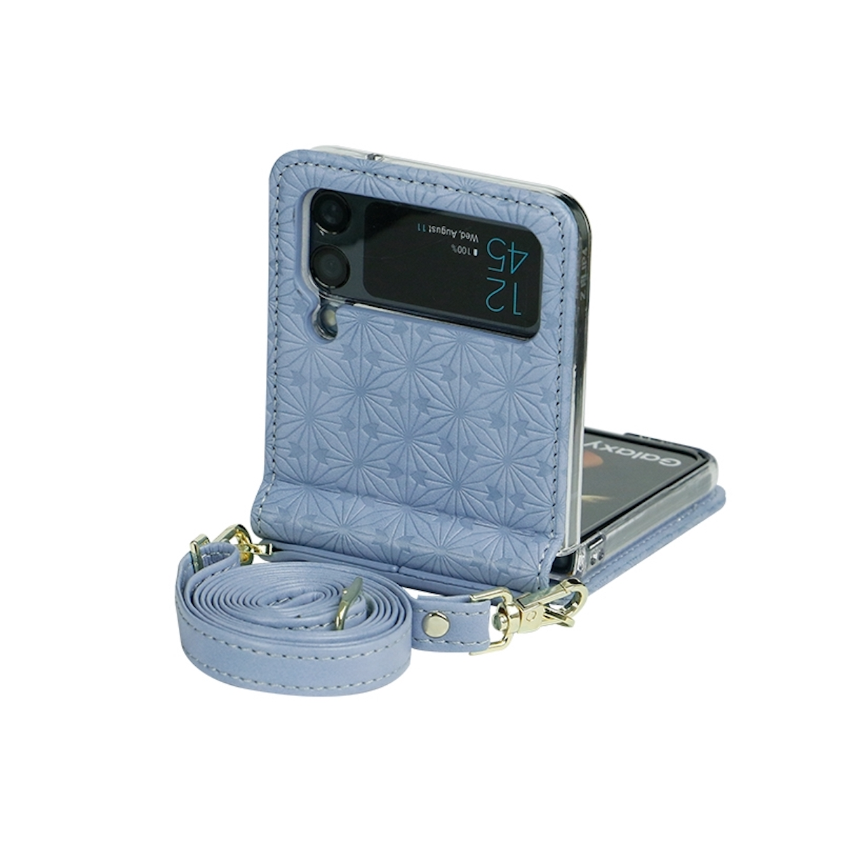 Faltbares Telefon in einer blauen Hülle mit Riemen. Das Telefon ist geöffnet, der Bildschirm ist sichtbar.