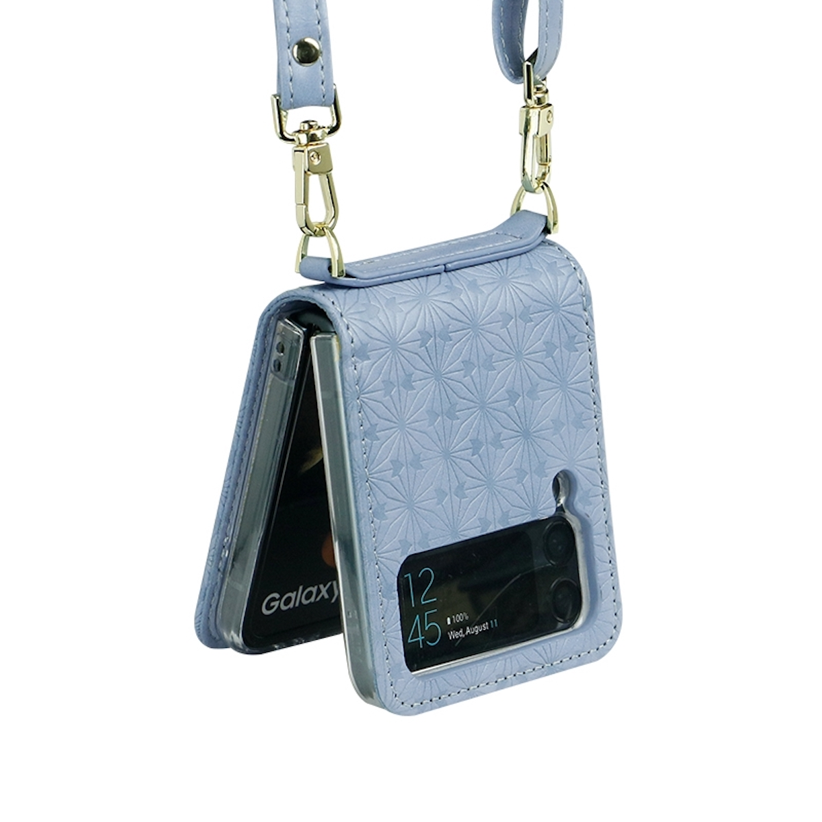Blaue Handyhülle mit Telefon, hängt an einem Riemen. Telefon zeigt Galaxy an.