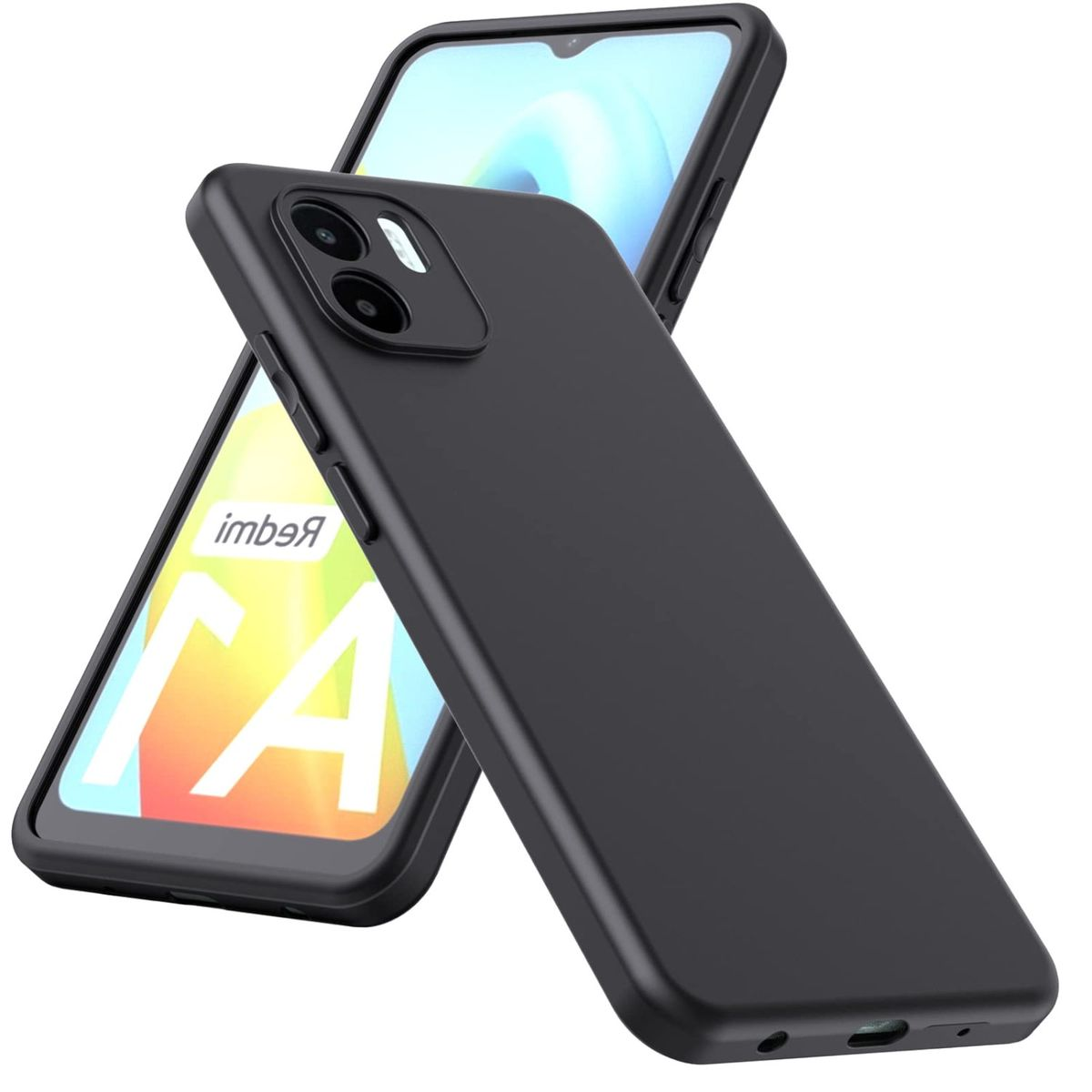 Schwarze Handyhülle mit Telefon, das ein weißes und blaues Bild zeigt.