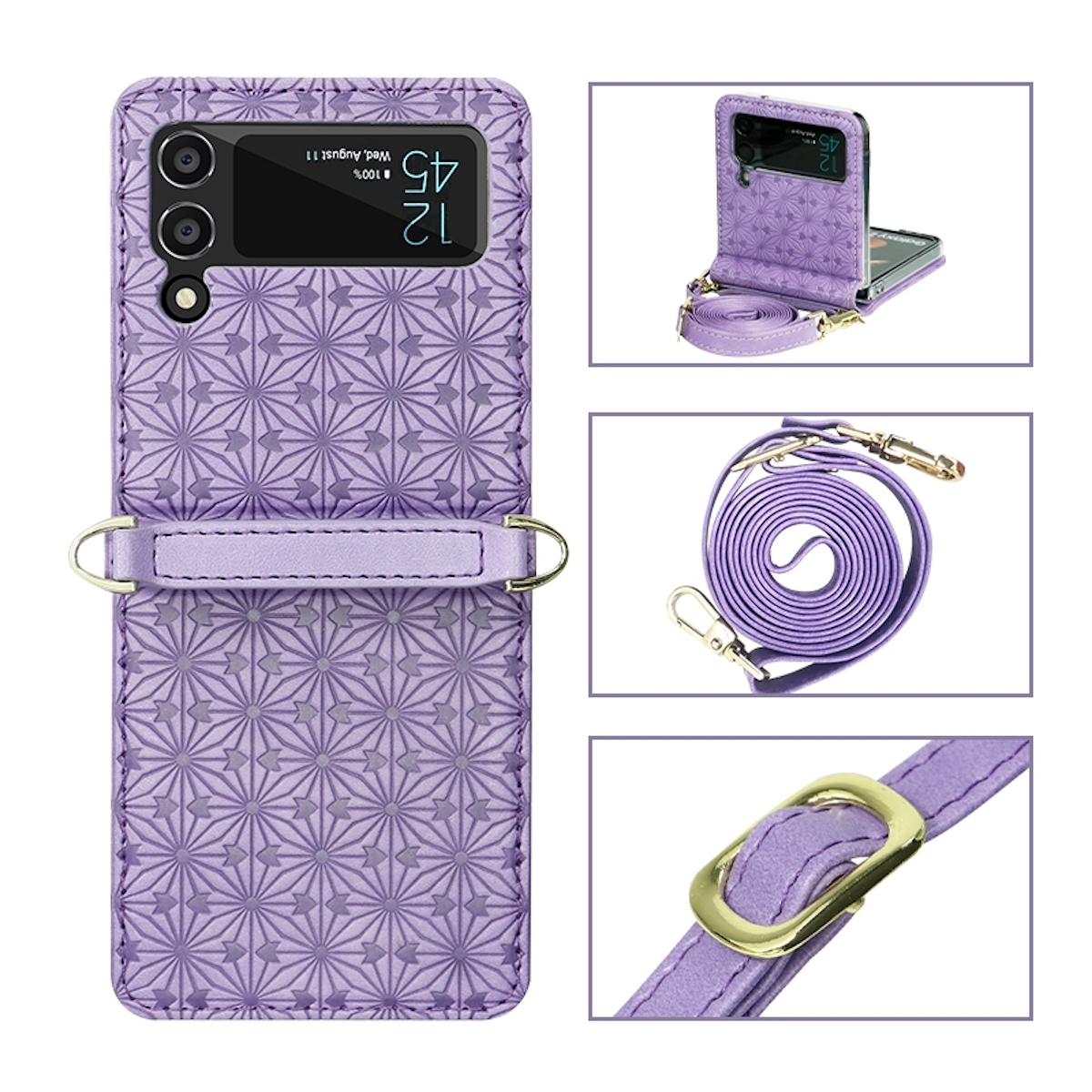 Lila Telefonhülle mit Riemen. Hülle hat Muster. Riemen und Schnalle sichtbar. Oben rechts: Telefonbildschirm offen.