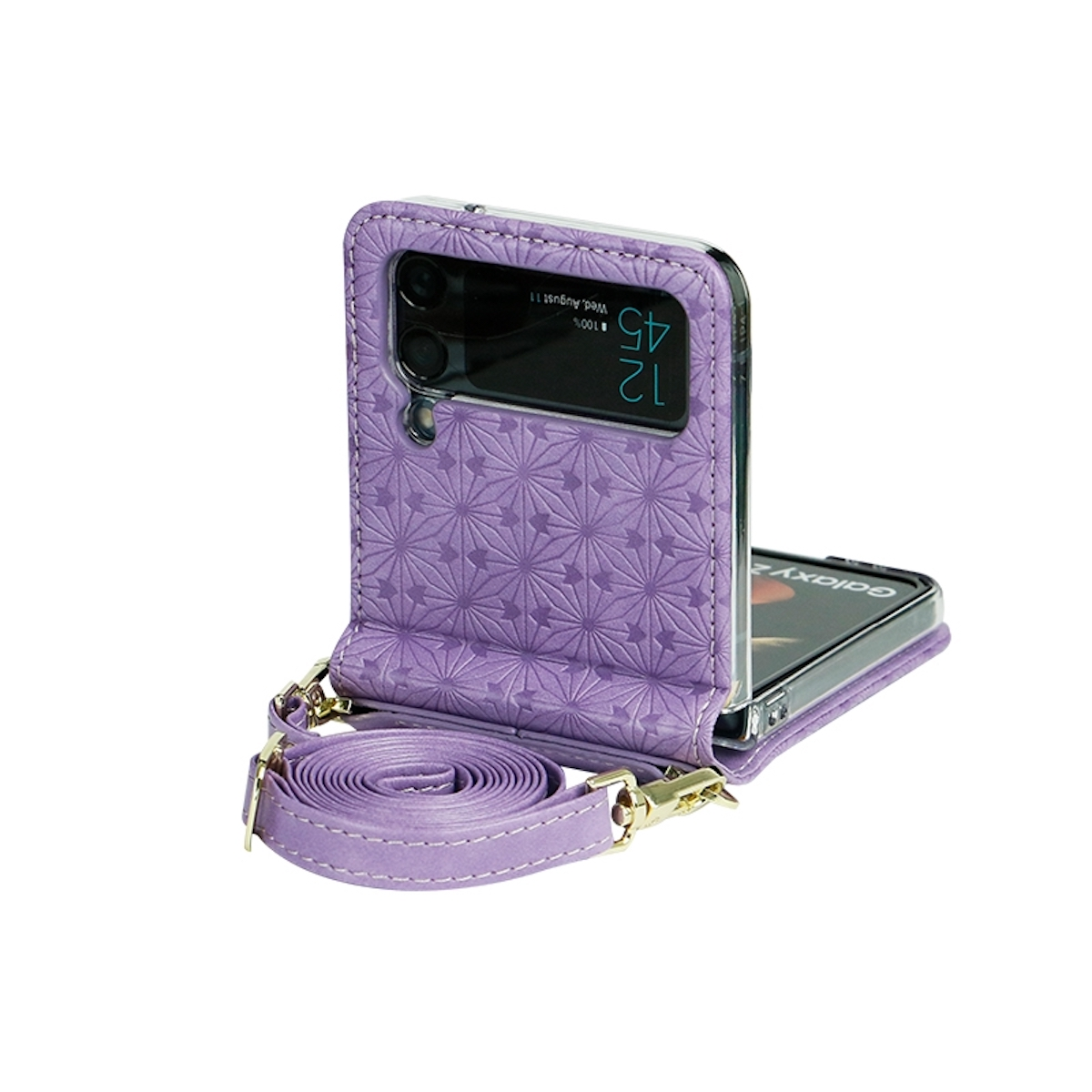 Faltbare lila Handyhülle mit Riemen und Telefon.