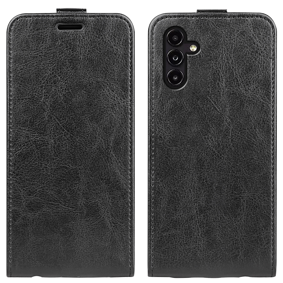 Zwei schwarze Handyhüllen, eine geschlossen, die andere offen, die ein Telefon zeigen.