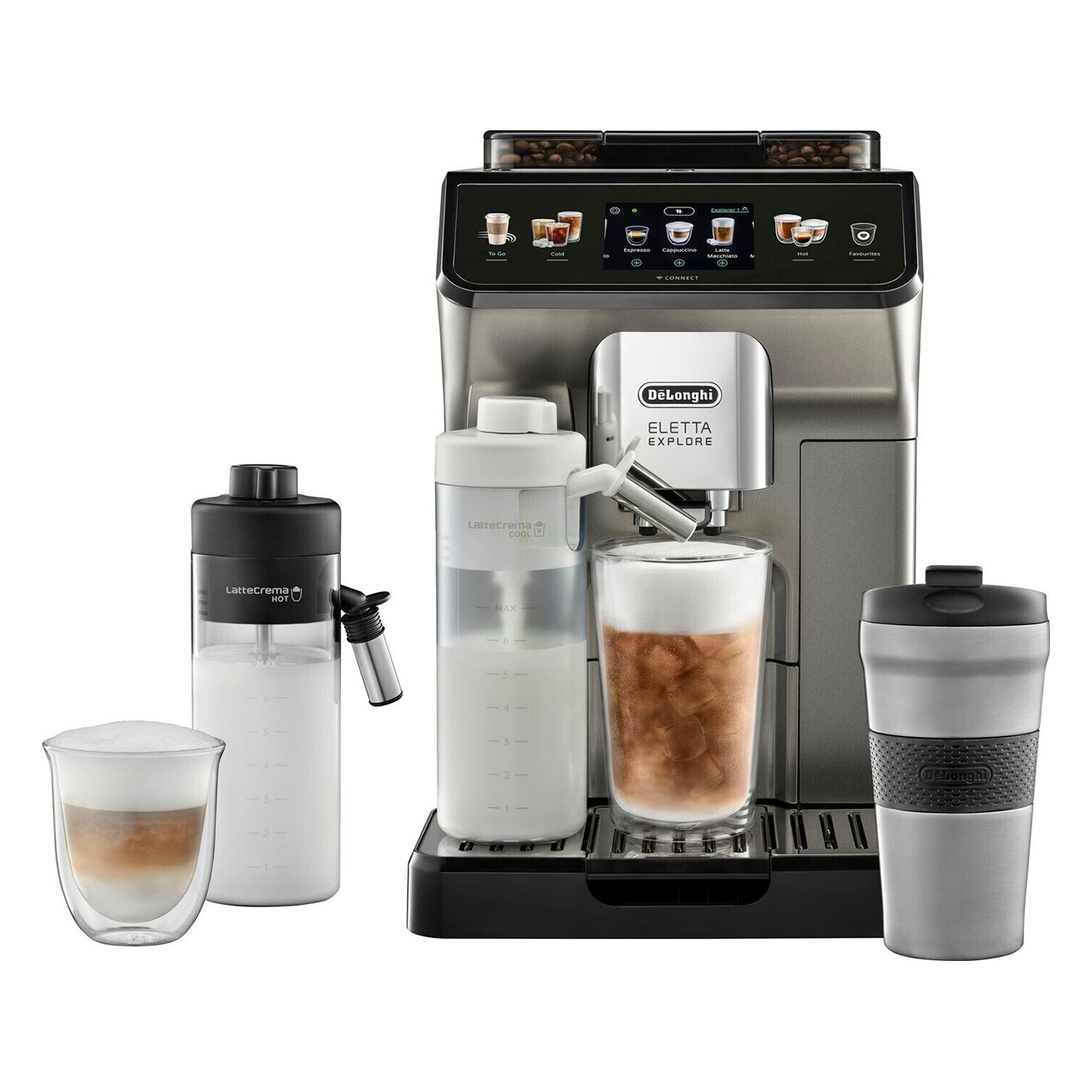 Ekspres do kawy z spieniaczem do mleka, szklanką do latte i kubkiem termicznym ze stali nierdzewnej.