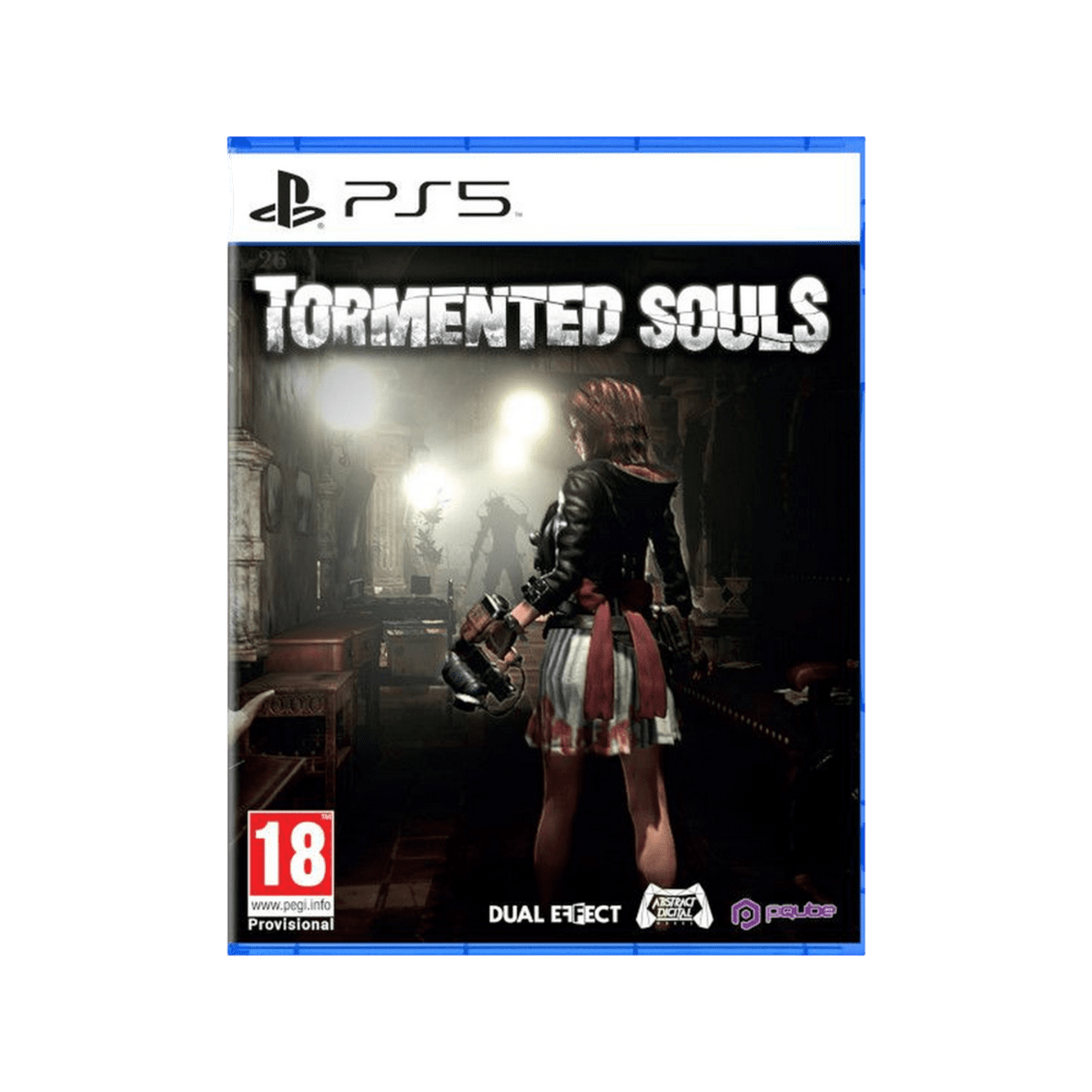Pudełko gry PS5 dla 'Tormented Souls' z kobietą trzymającą broń, ciemne tło.