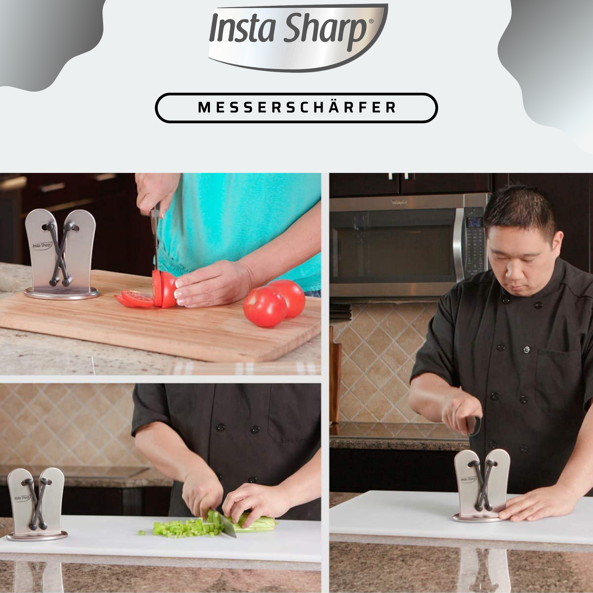 Mann schärft Messer mit Schärfer. Tomaten und Sellerie auf dem Schneidebrett.