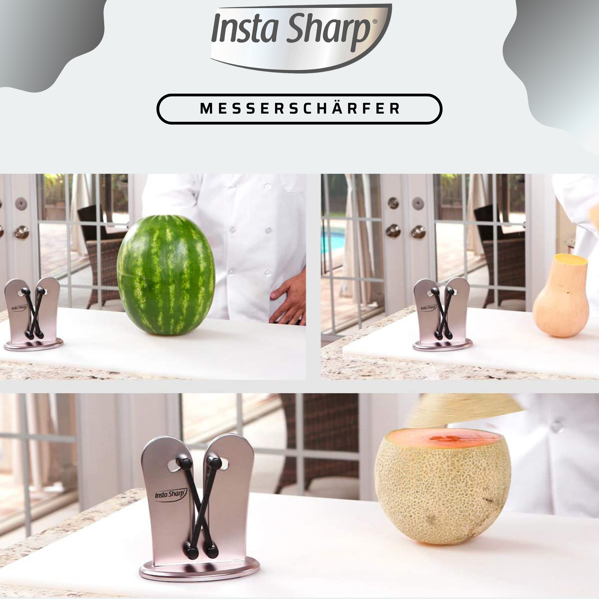 Wassermelone wird mit einem Messerschärfer geschärft. Eine Person schneidet die Melone.