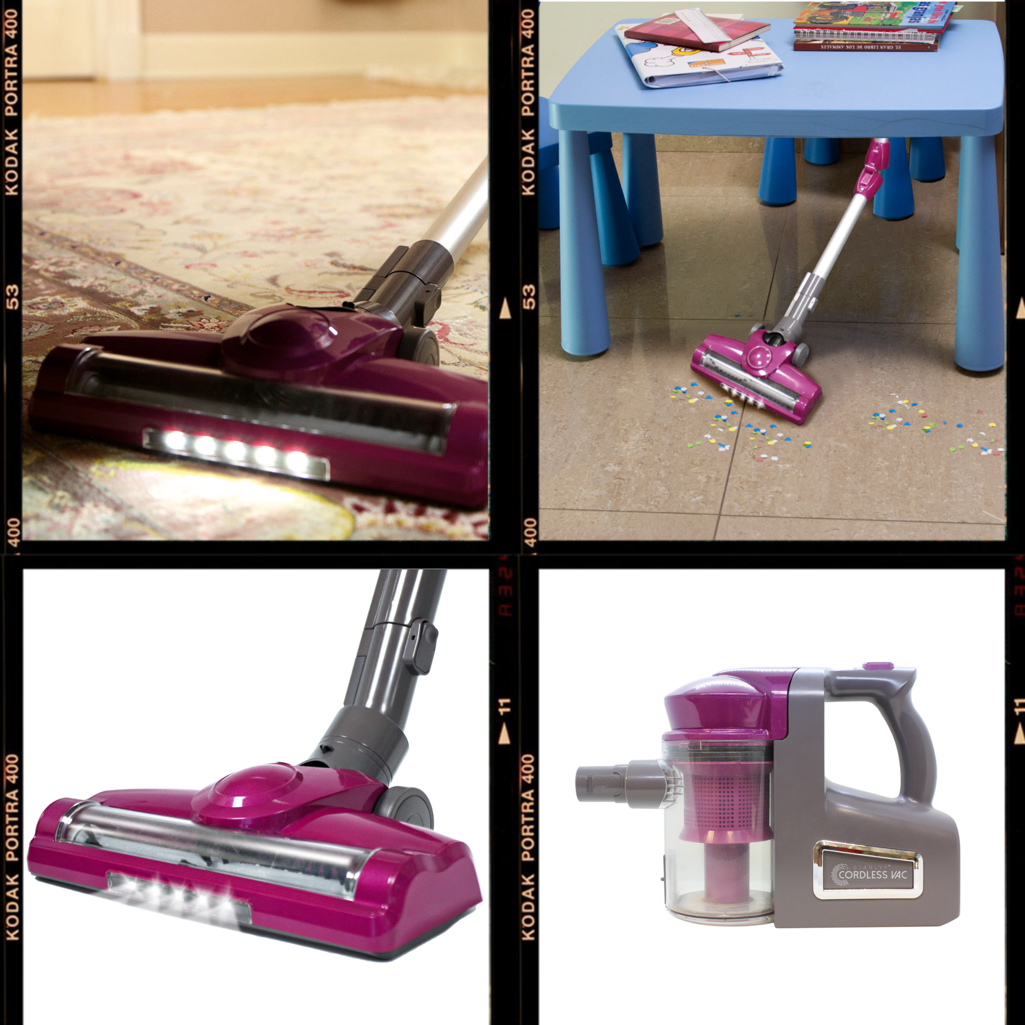 Vier Bilder eines rosa Staubsaugers. Nahaufnahmen des Bürstenkopfes und des kabellosen Staubsaugers.