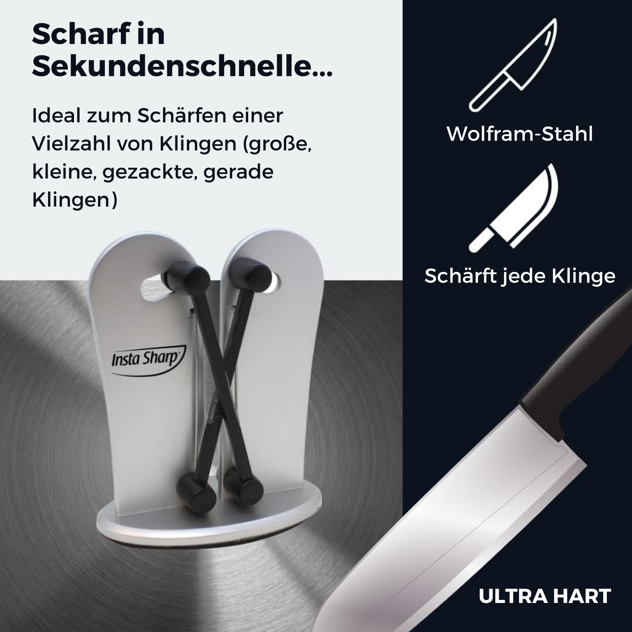 Ein silberner Messerschärfer mit zwei schwarzen Schärfstäben und einem schwarzen Messer.