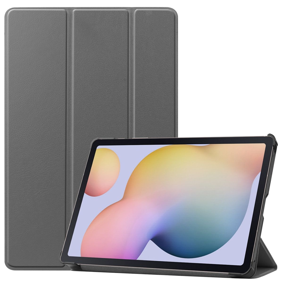 Eine graue Tablethülle, die geöffnet ist, um ein Tablet mit farbiger Grafik freizugeben.