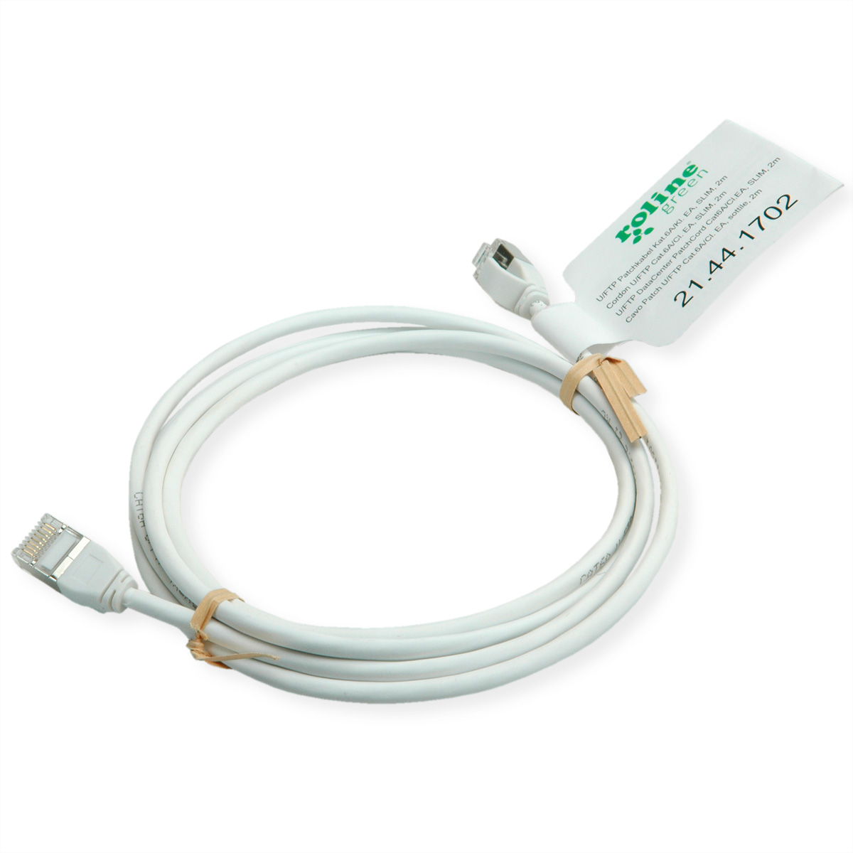Weißes Ethernet-Kabel, aufgerollt mit Etikett.