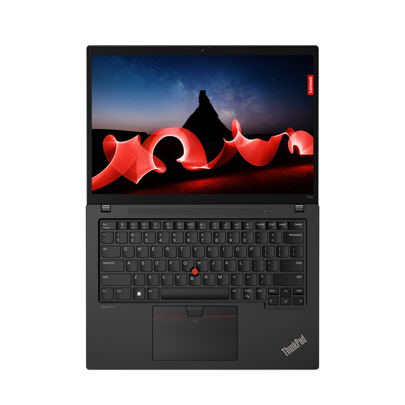Un laptop con un design rosso sullo schermo e il logo Lenovo.