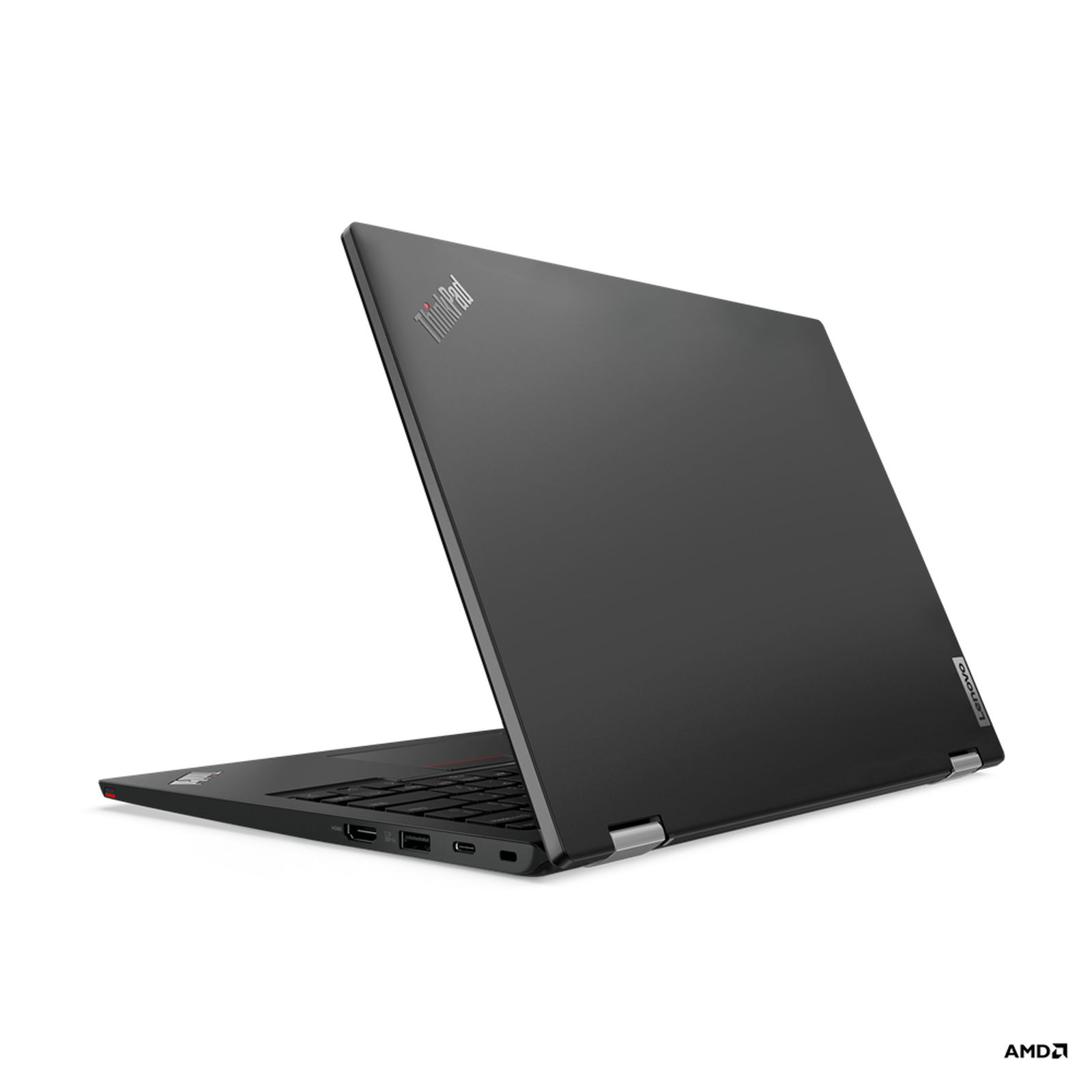 Schwarzer Laptop mit Thinkpad-Logo geöffnet. Der Bildschirm ist abgewandt. AMD-Logo unten rechts.