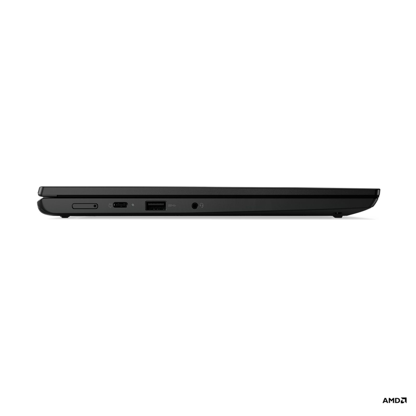Schwarzer Laptop Seitenansicht. Das Gerät ist geschlossen, AMD-Logo unten sichtbar.