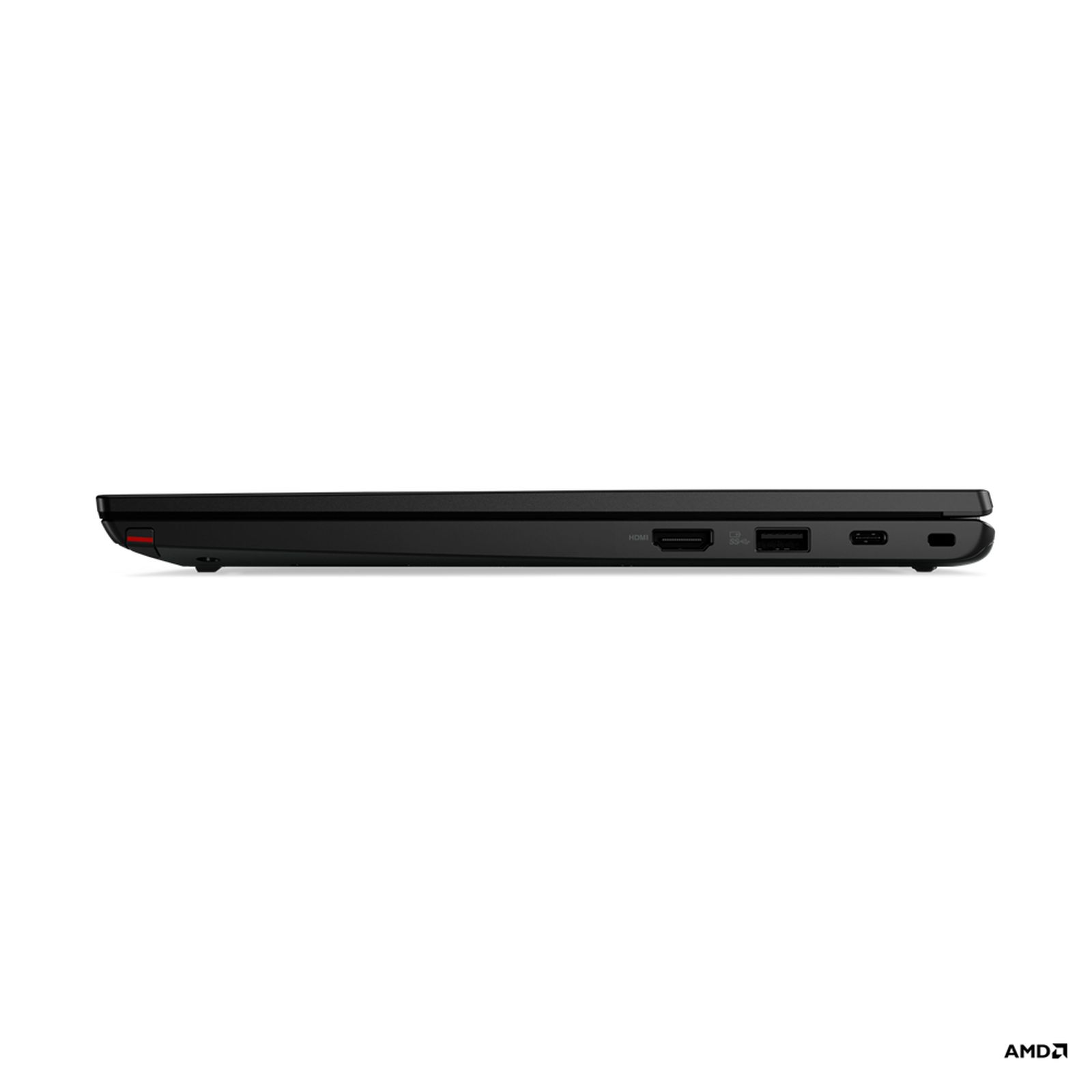 Schwarzer Laptop von der Seite mit Anschlüssen. Hintergrund ist weiß.