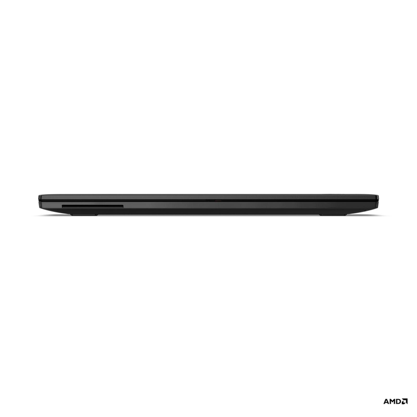 Schwarzes Laptop-Profil auf weißem Hintergrund, mit dem AMD-Logo unten.