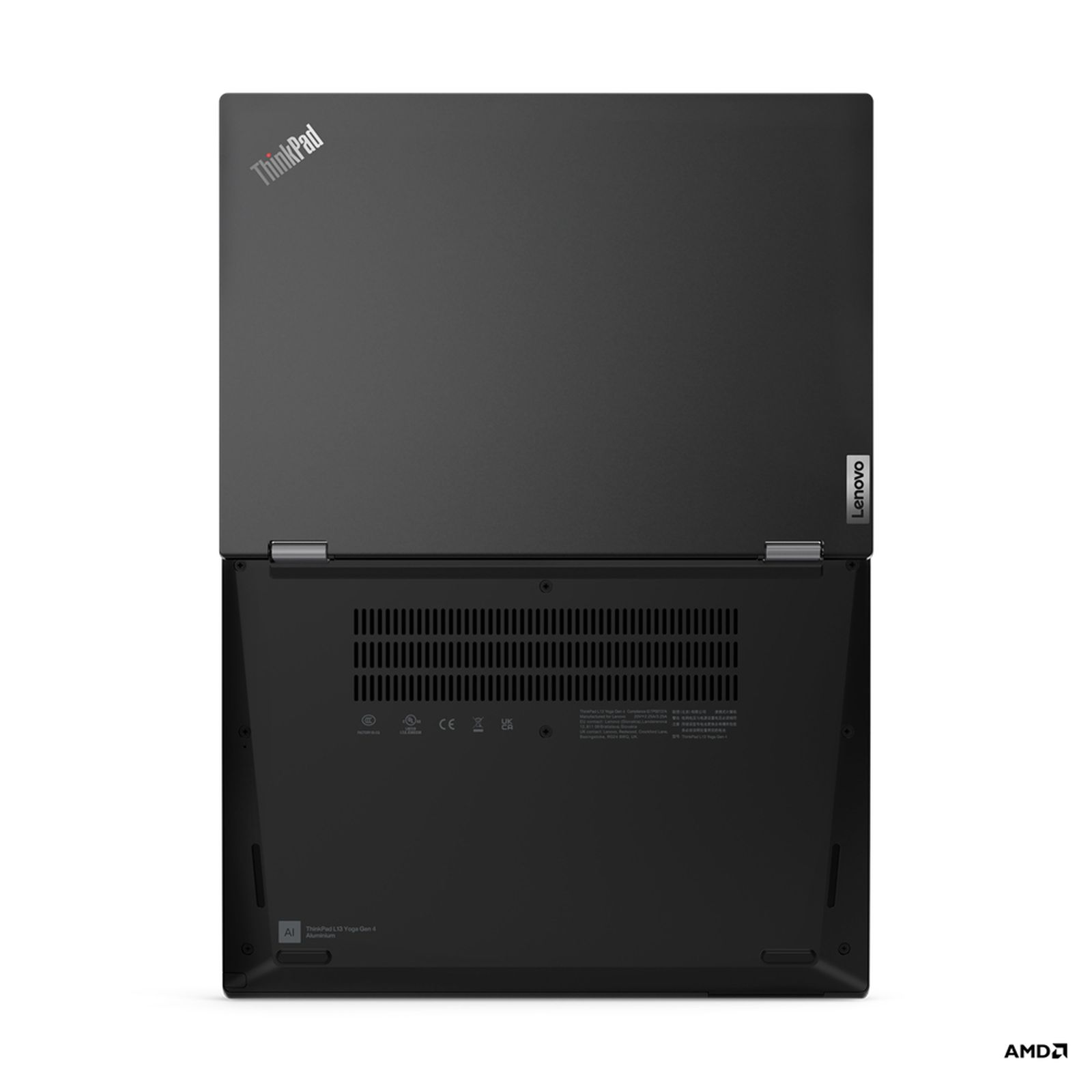Ein schwarzer Laptop mit den Logos von Lenovo und ThinkPad.