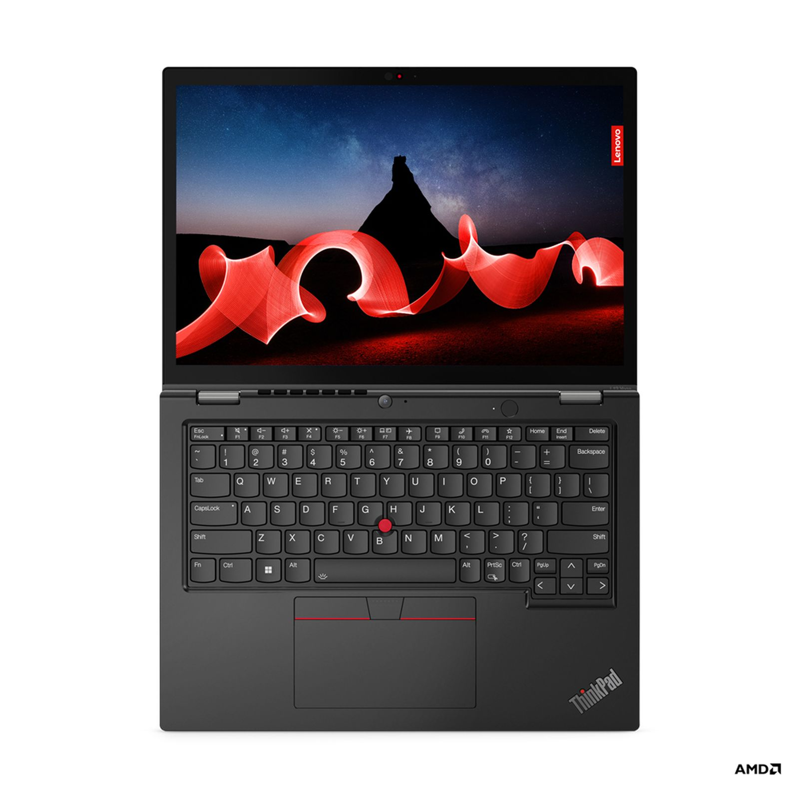 Ein schwarzer Laptop mit geöffnetem Bildschirm, der ein rot-schwarzes Bild zeigt.