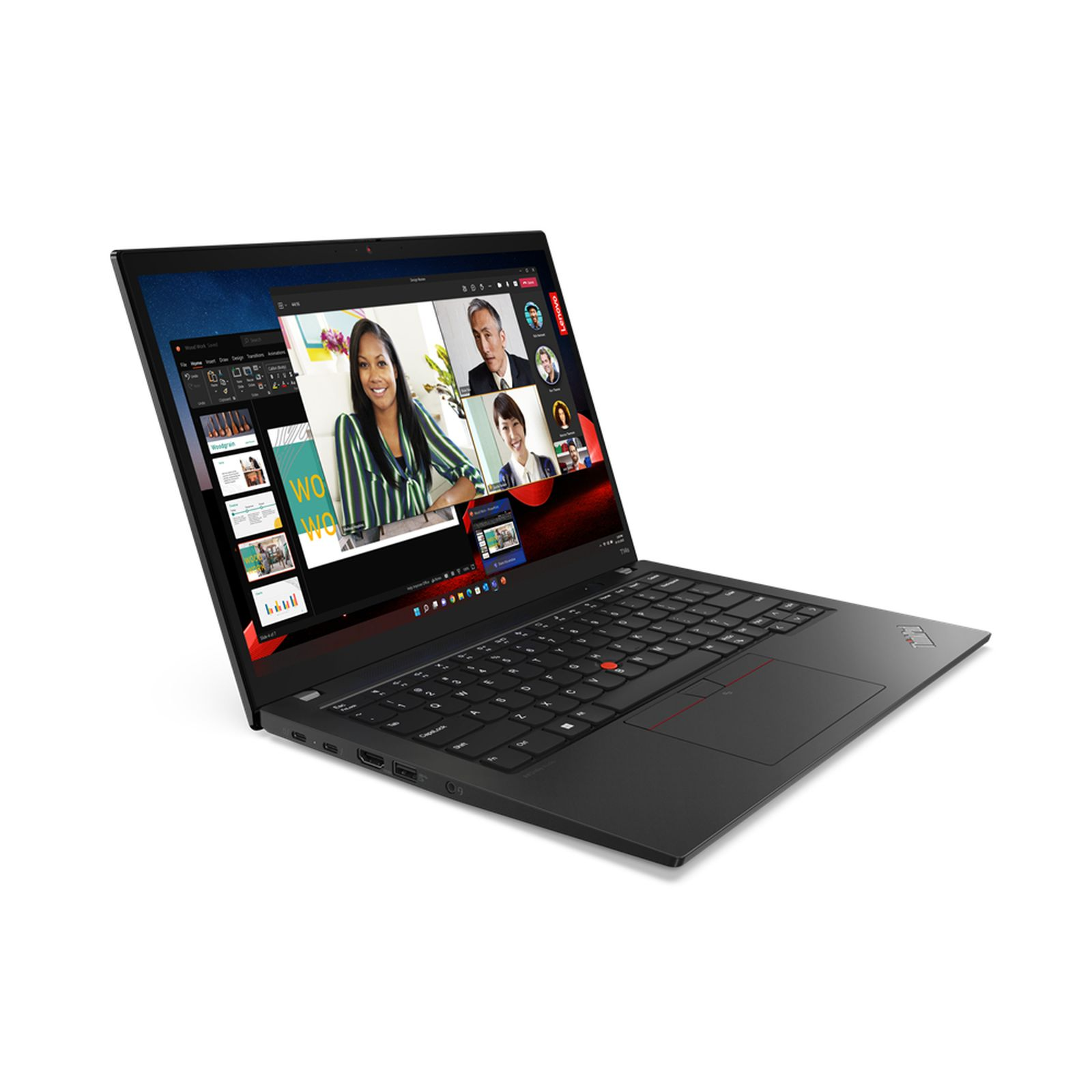Laptop nero che mostra una videochiamata, con il logo Lenovo sopra.