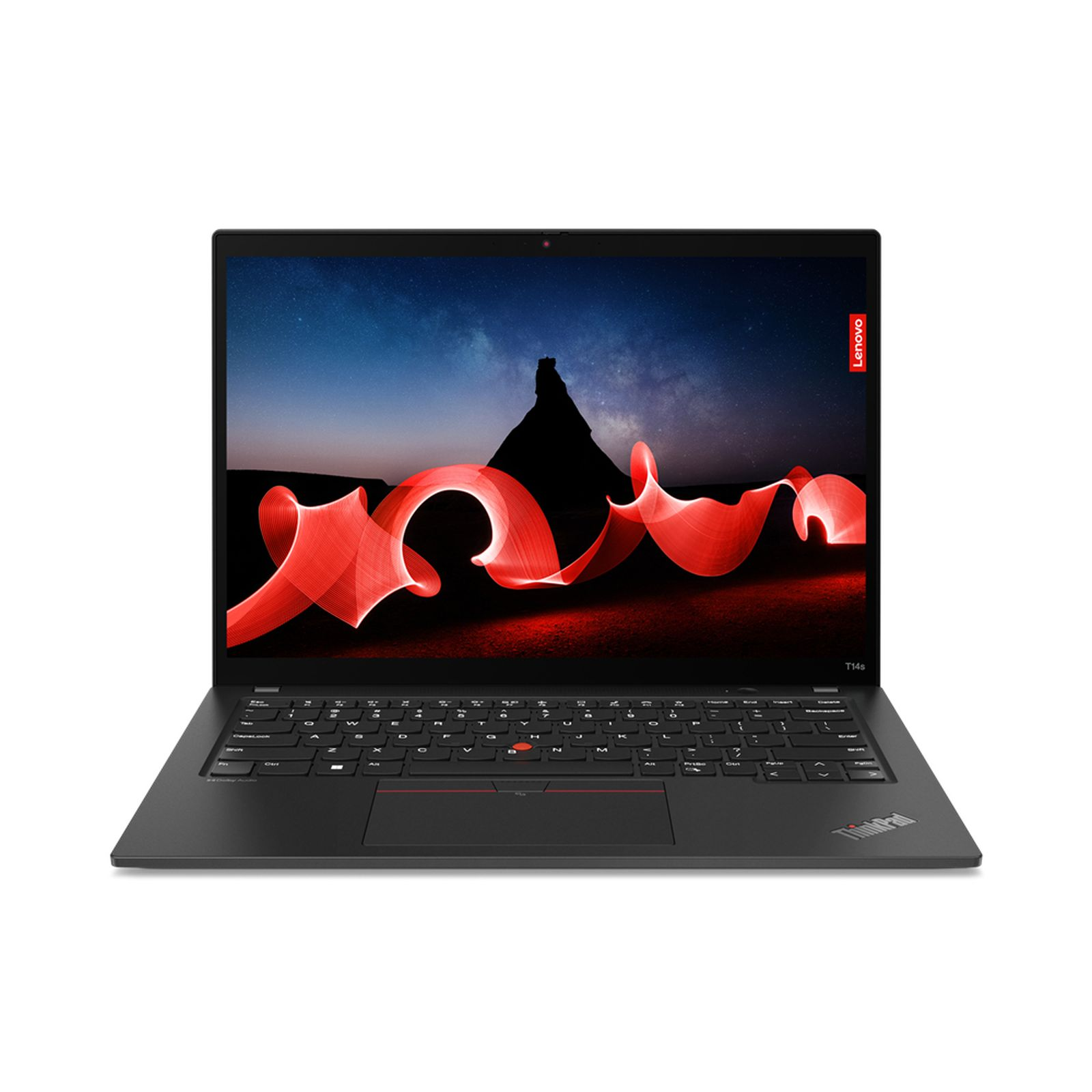 Laptop nero aperto, mostra cielo notturno con scie di luce rossa, su superficie bianca.