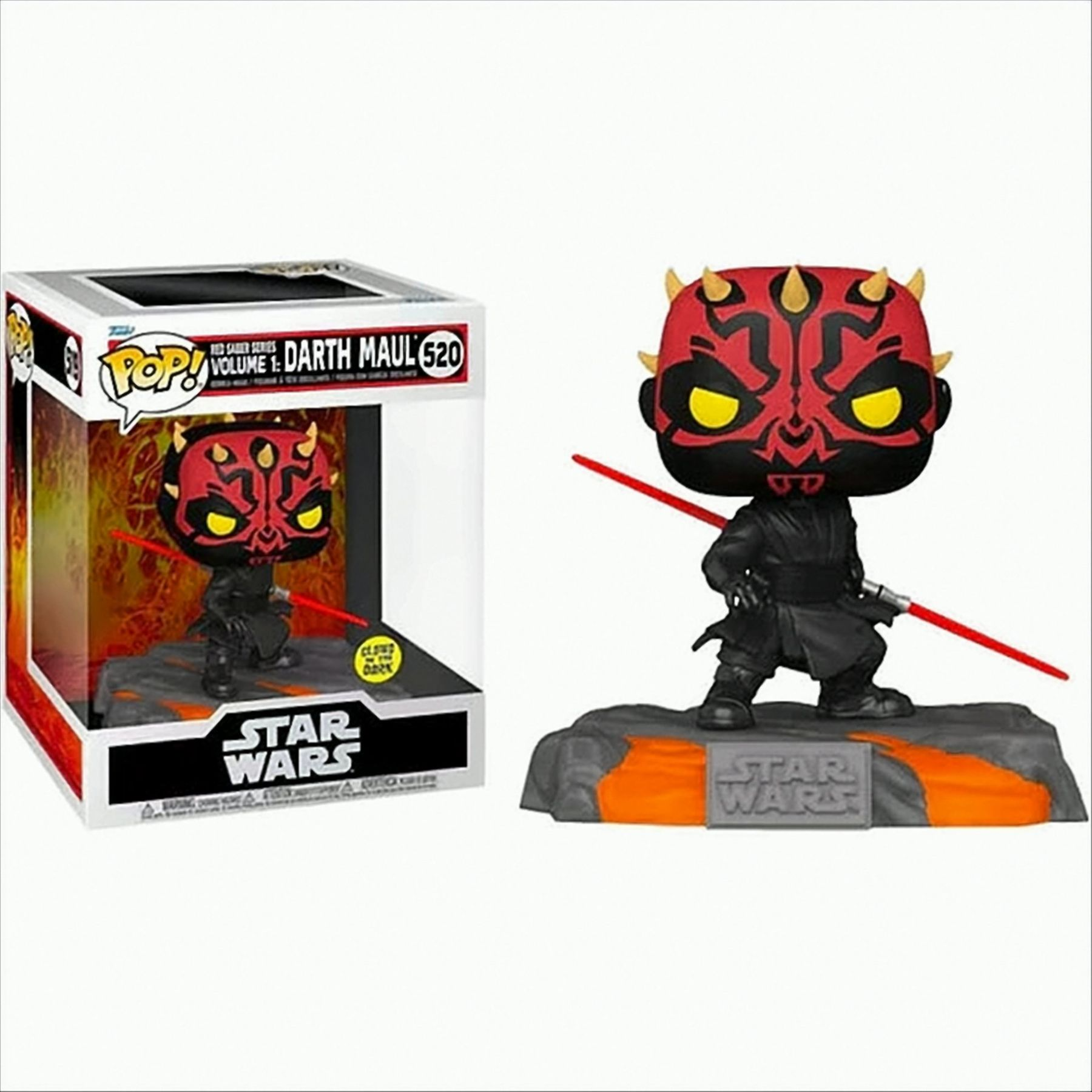 Eine Darth Maul Funko Pop Figur in ihrer Box, mit rotem Lichtschwert und Lava-Basis.