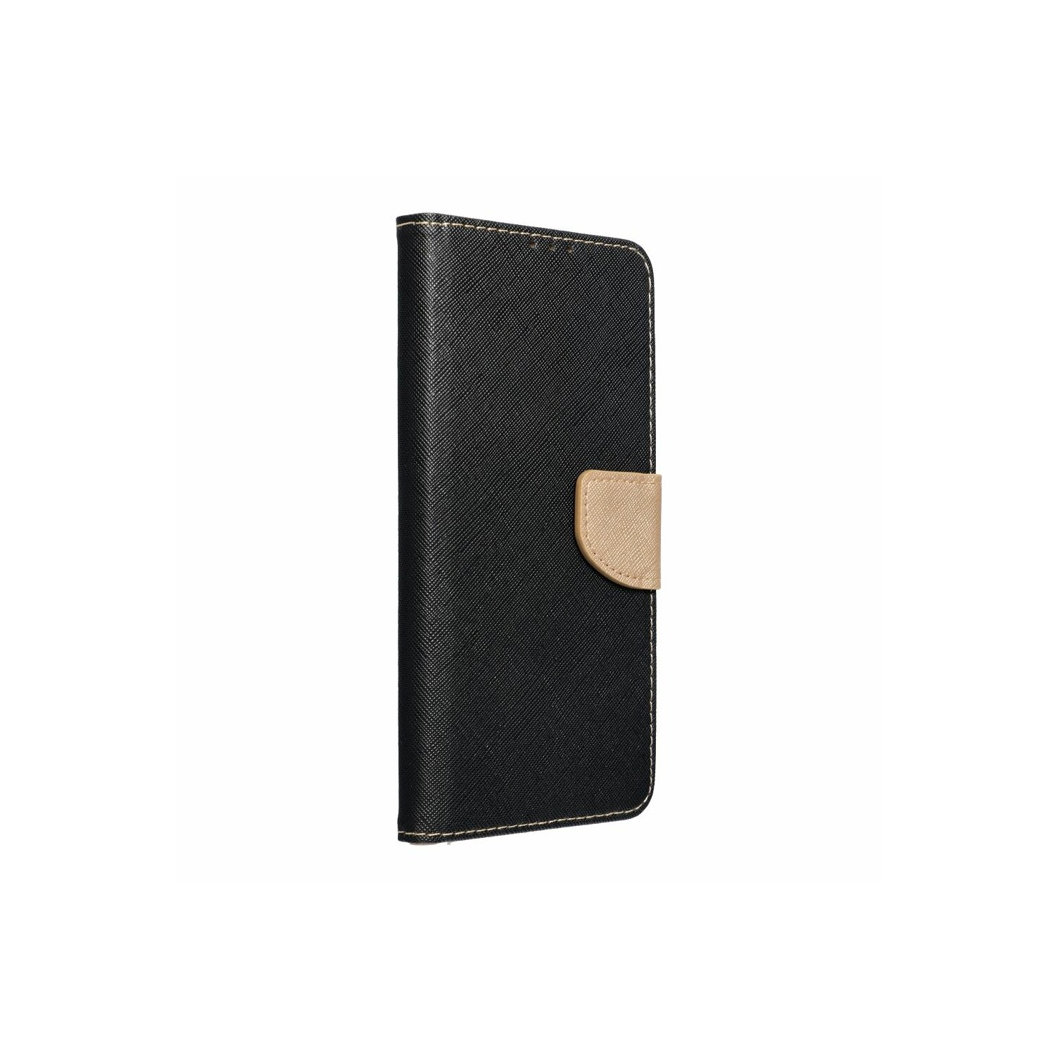 Custodia nera per telefono con chiusura beige. Chiusa e con superficie strutturata.
