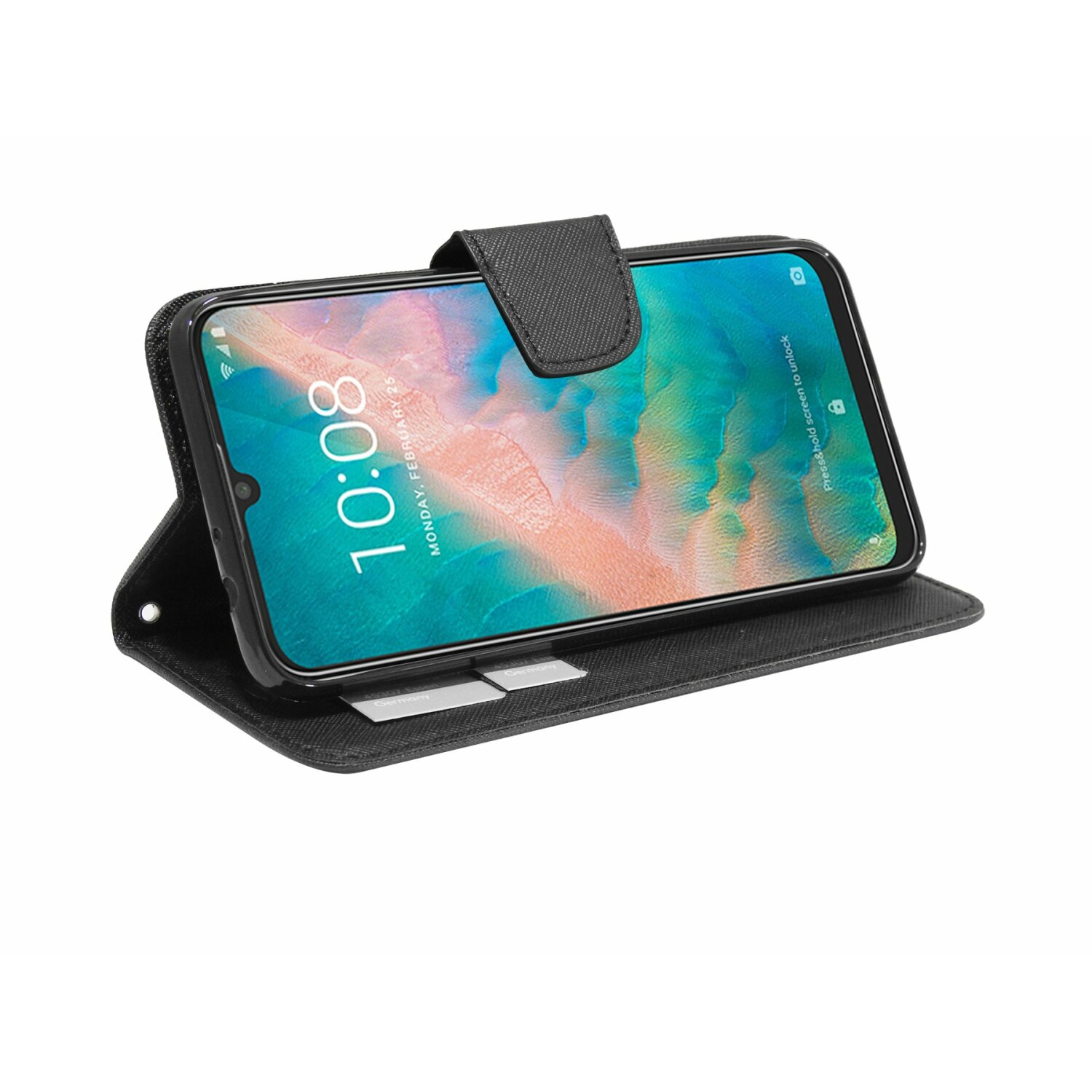 Schwarzes Telefon in einer offenen schwarzen Brieftasche auf weißer Oberfläche, Zeit: 10:08.
